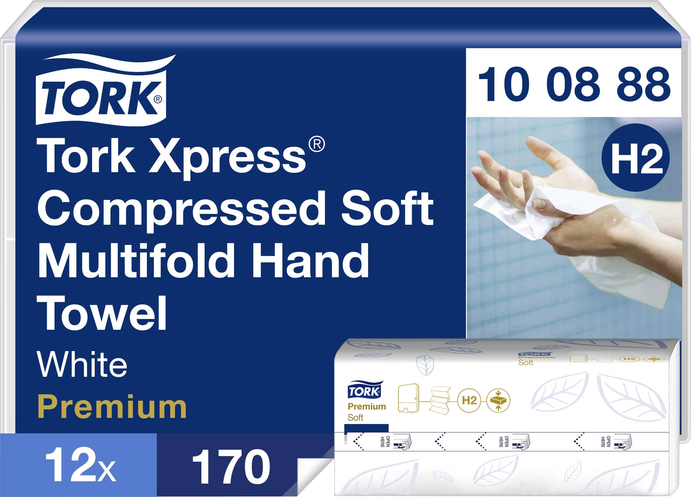 Packaging of Tork Xpress Compressed Soft Multifold Hand Towels, White, Premium, 170 Sheets in 12-Pack, H2 Quality.