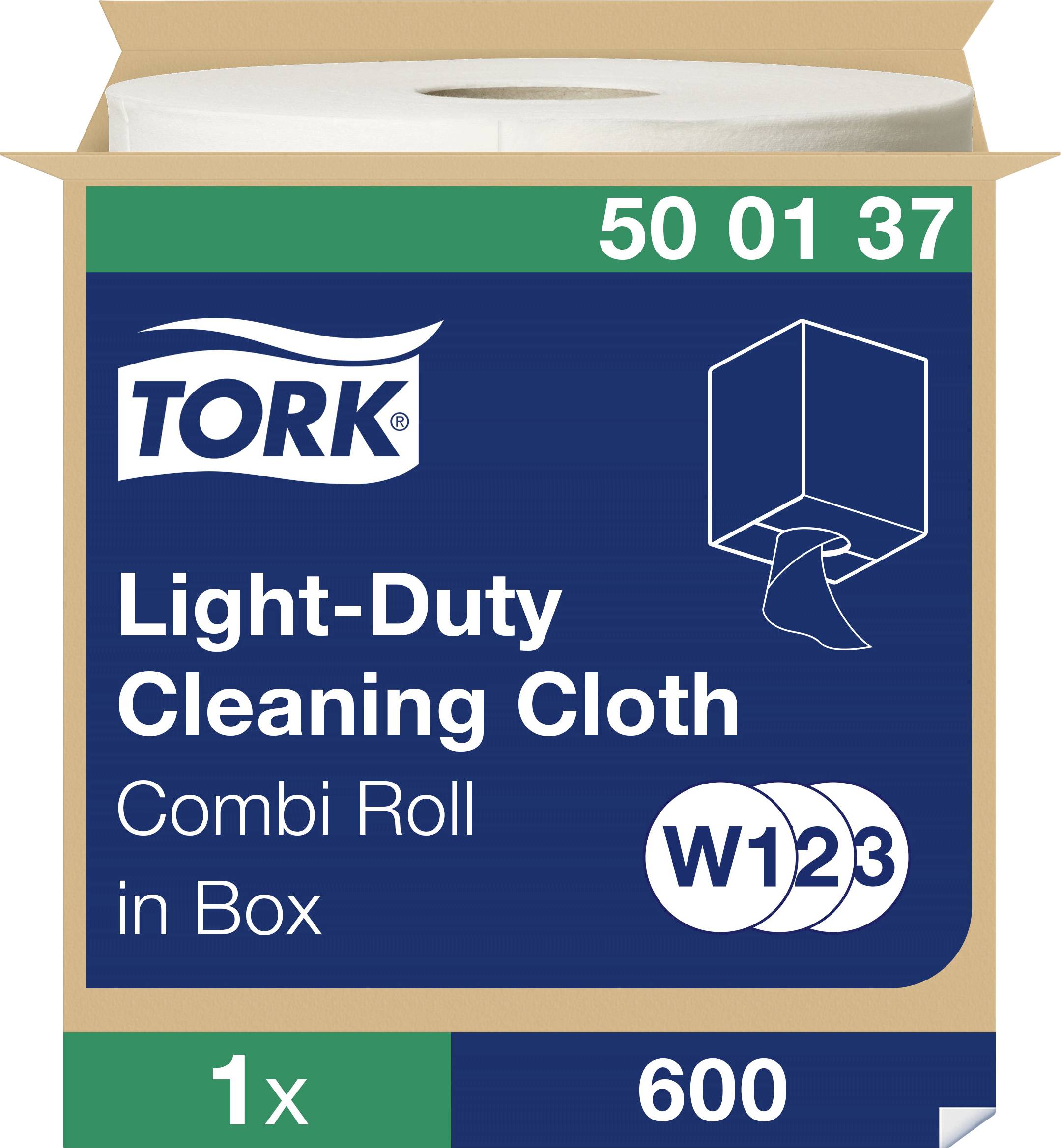 A 'Tork Light-Duty Cleaning Cloth' pack. Contains a roll of 600 cloths, article number 50 01 37, for light cleaning.