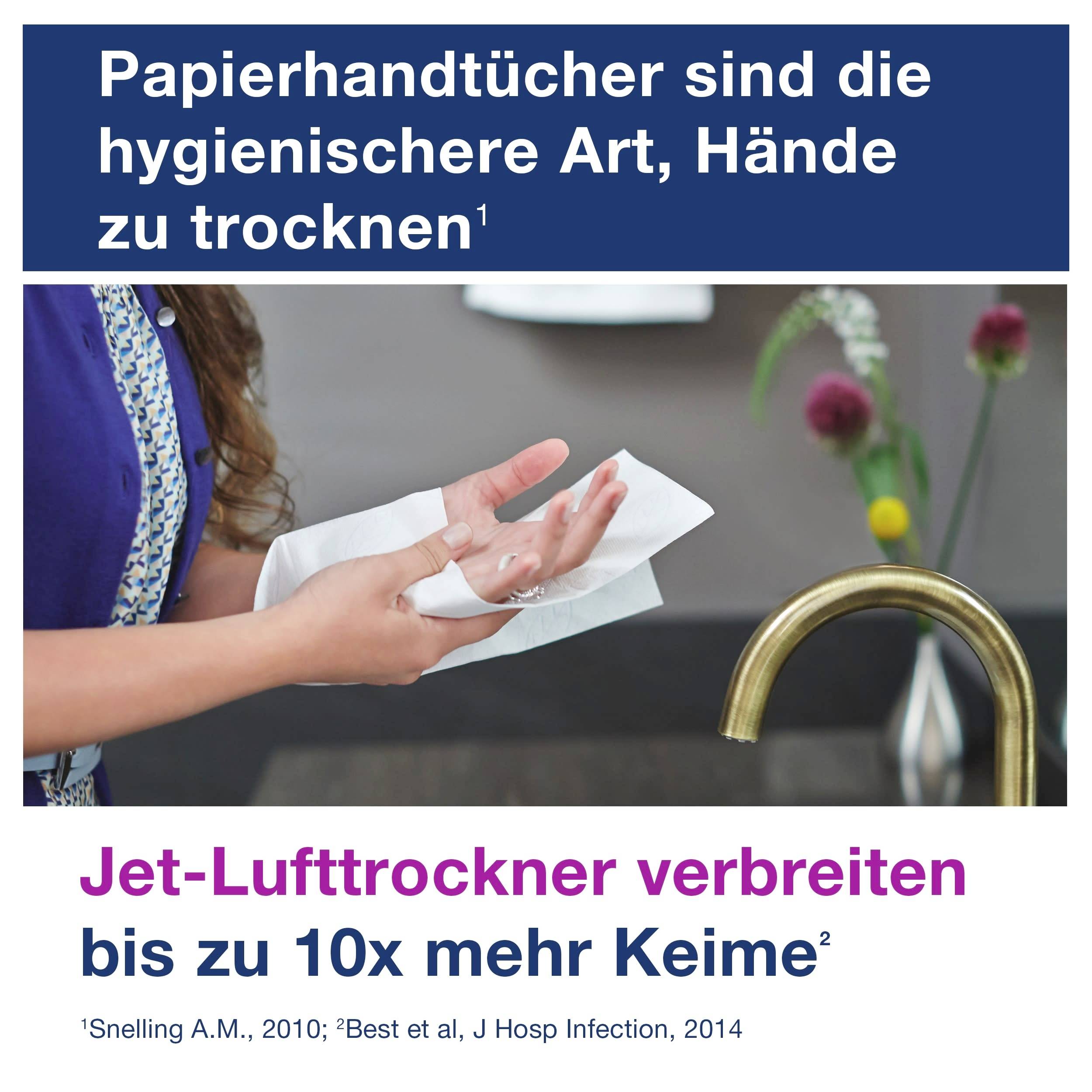 'Paper towels are the more hygienic way to dry hands.' A woman uses paper towels at the sink.