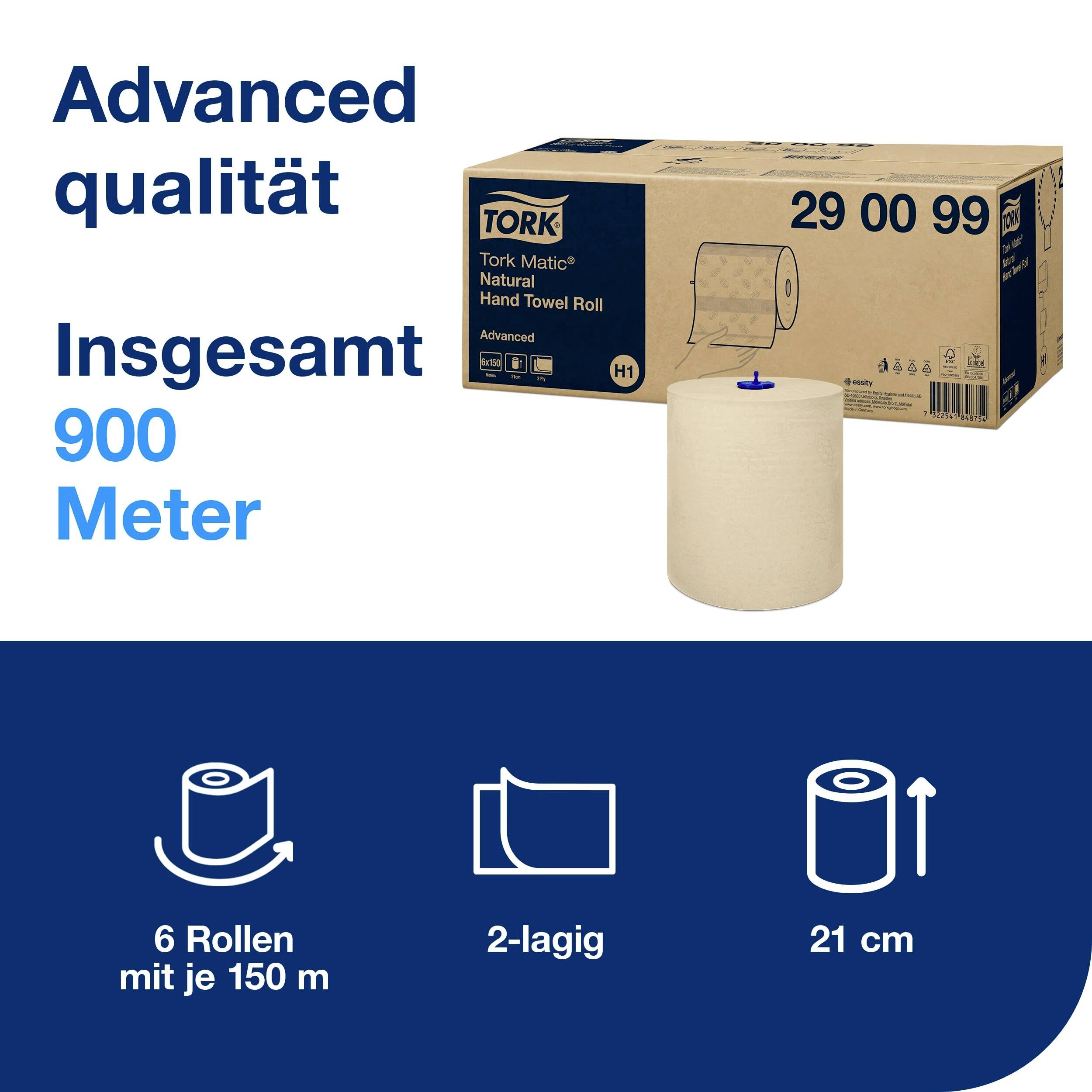 A carton of Tork Matic hand towel rolls, 6 rolls, each 150 m. Total 900 metres, 2-ply, width 21 cm. Advanced quality.