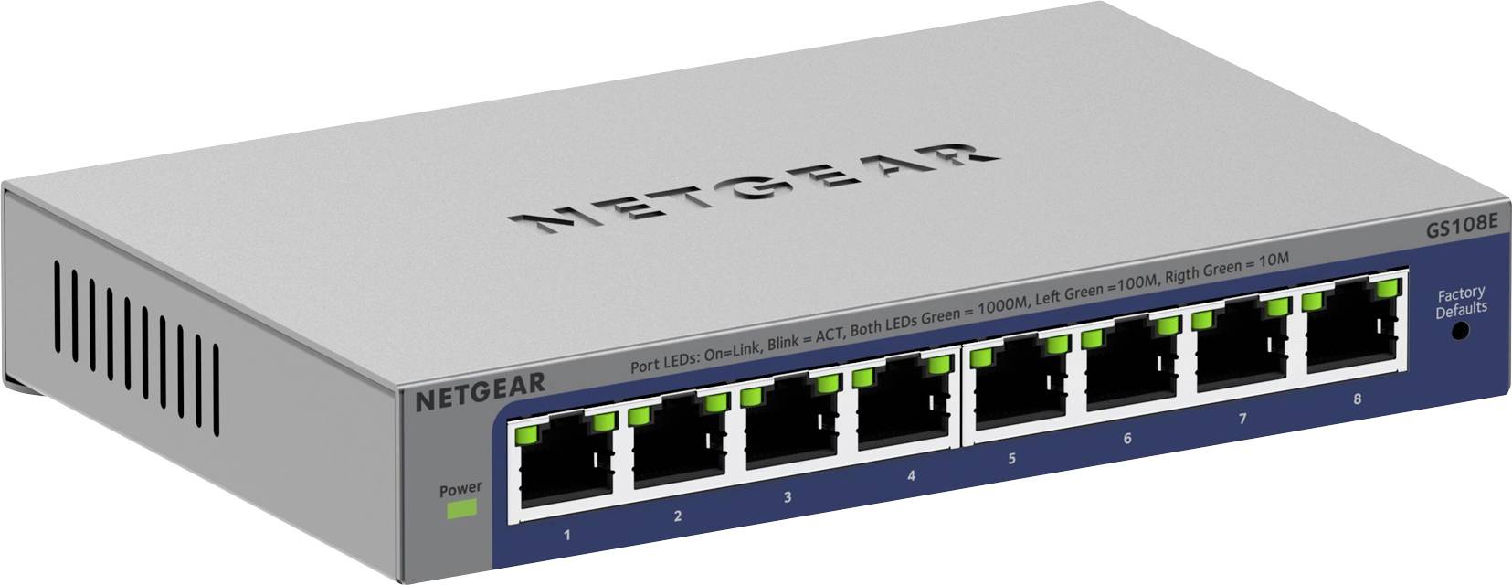 A grey Netgear GS108E network switch with eight Ethernet ports and LED indicators for status monitoring.