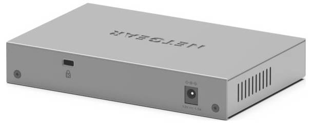 A silver network switch with 'NETGEAR' printed on the top surface, viewed from the back showing ports and ventilation slots.