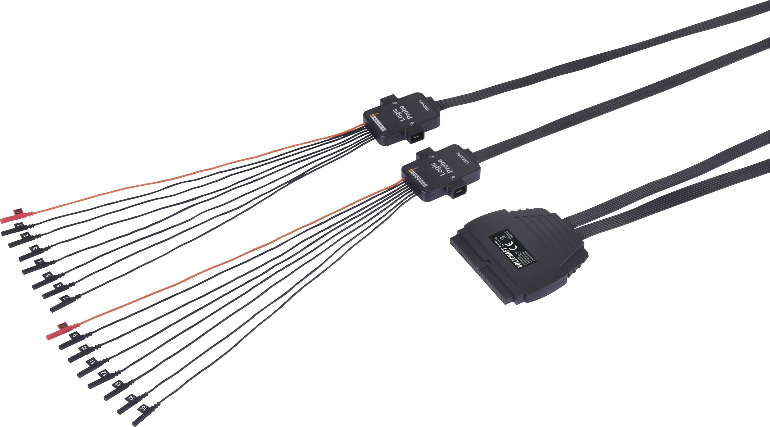 A cable system with several black cables and one red cable, converging into two adapter plugs with labelling. Primarily used for electronic connections.