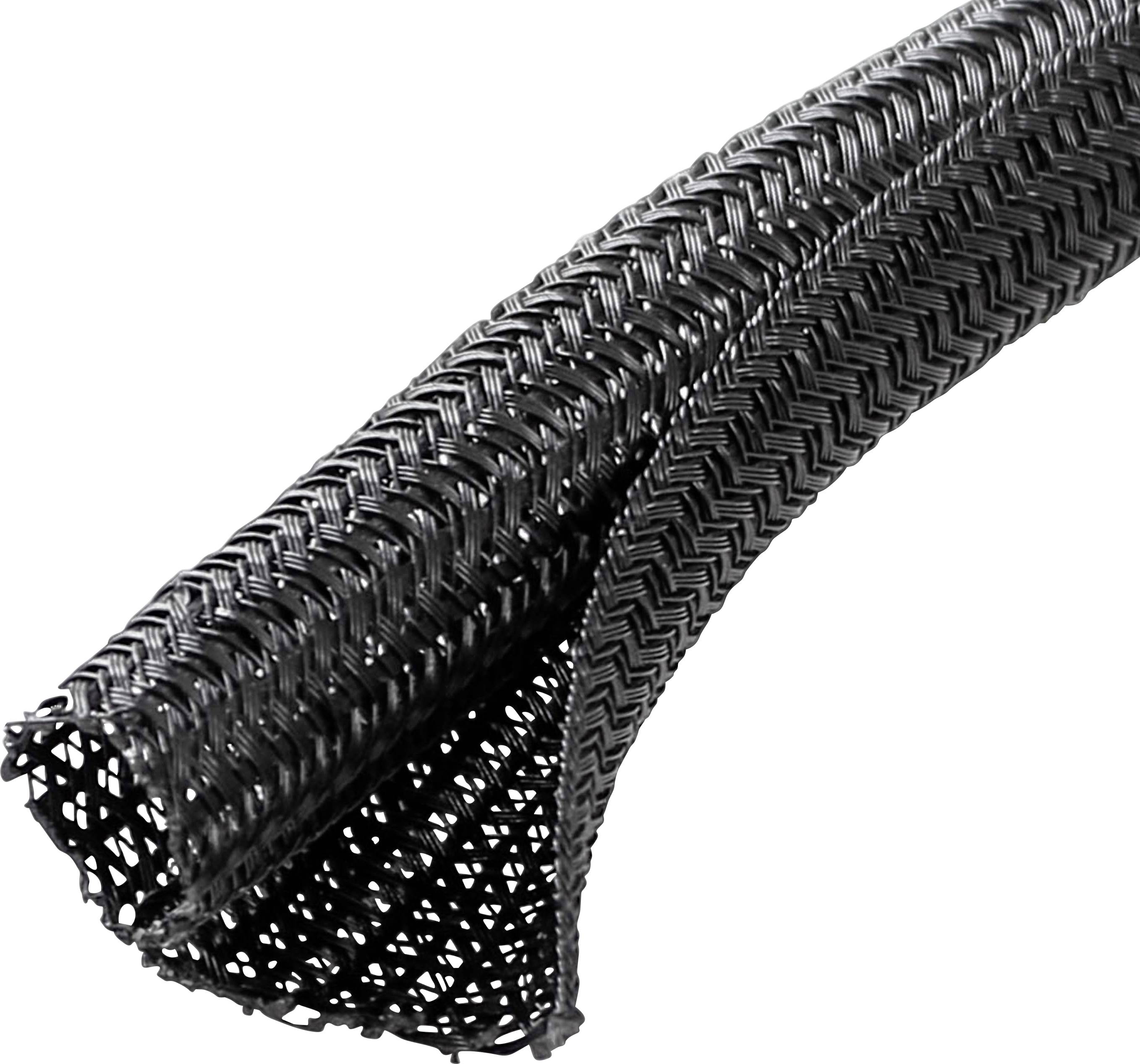 Black, braided plastic cable protection sleeve, showing details of structure and flexibility, suitable for cable management.