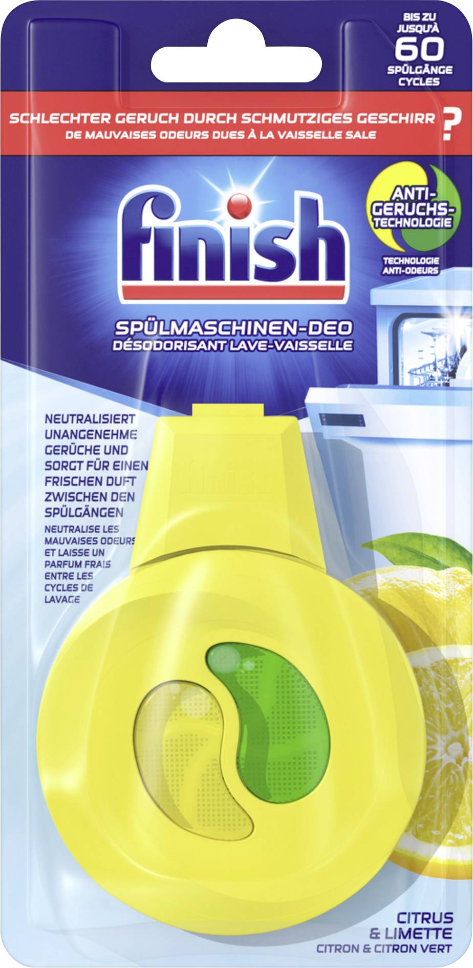 'Finish Dishwasher Deodoriser' in a yellow plastic casing. Promises neutralisation of unpleasant odours for up to 60 wash cycles. Fragrance: Citrus & Lime.