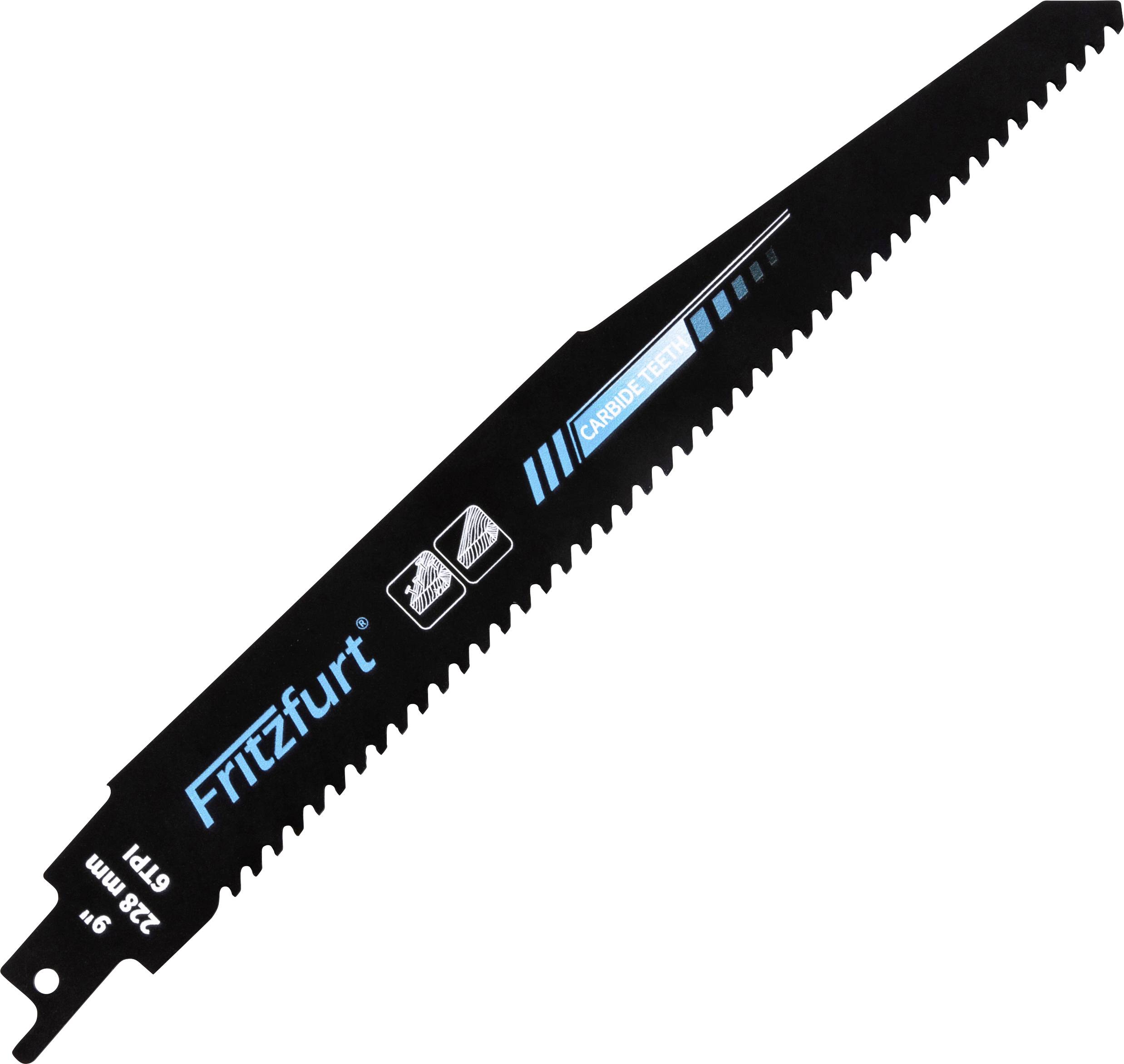 A black reciprocating saw blade with a serrated edge, labeled 'Fritzfurt', designed for cutting wood and metal, with 'Carbide Teeth' printed on it.