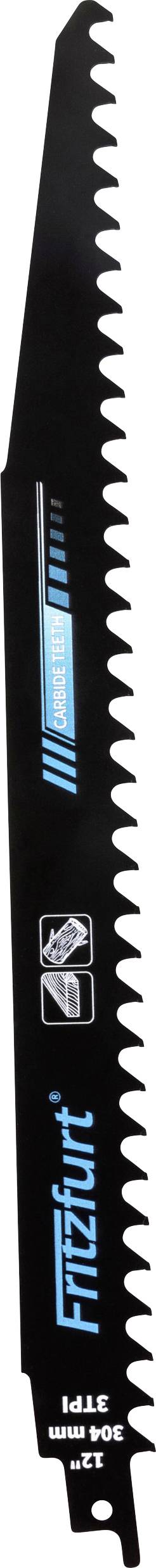 Black reciprocating saw blade labeled 'Fitz All', '14 TPI', with curved tooth design for cutting wood.