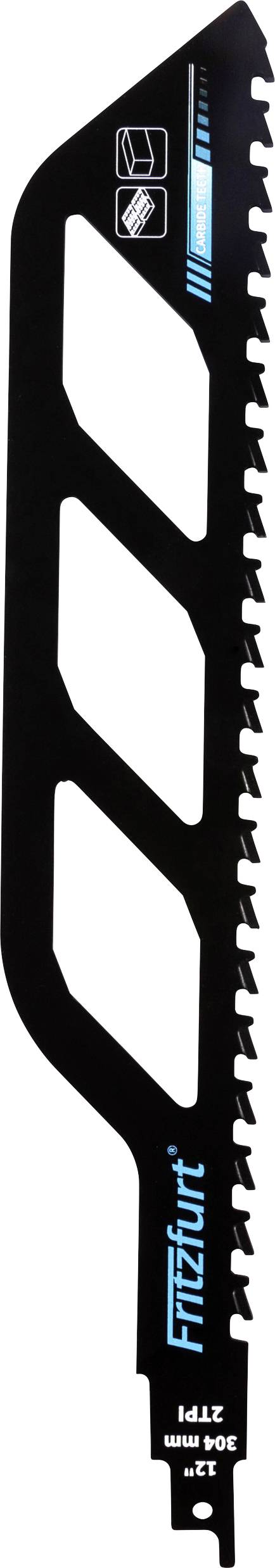 A black jigsaw blade with an aggressive tooth design, featuring the brand name 'FITZBILT' and symbols for wood and metal cutting capabilities.