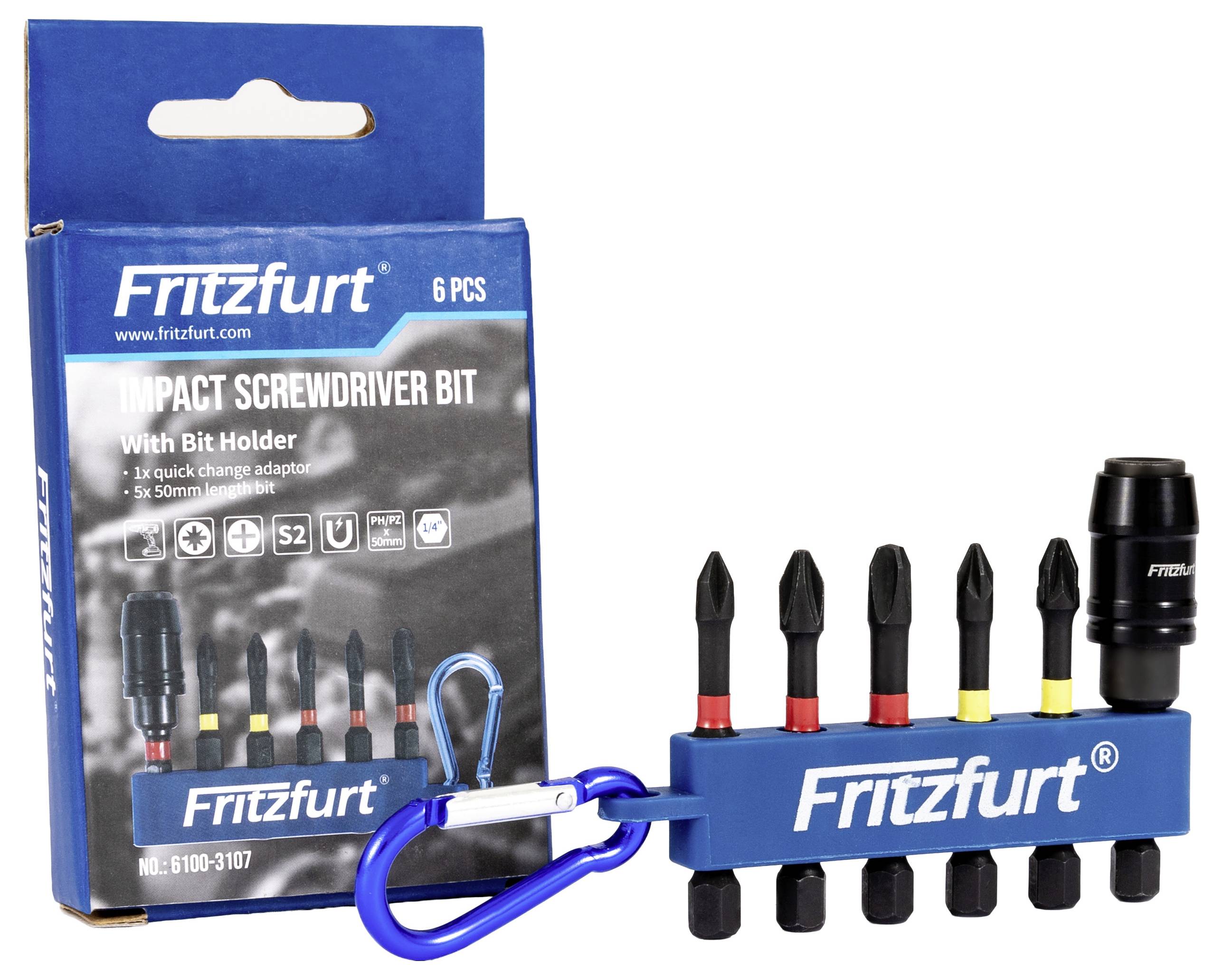 Six-piece impact screwdriver bit set with bit holder and storage clip; includes various sizes and types of bits.