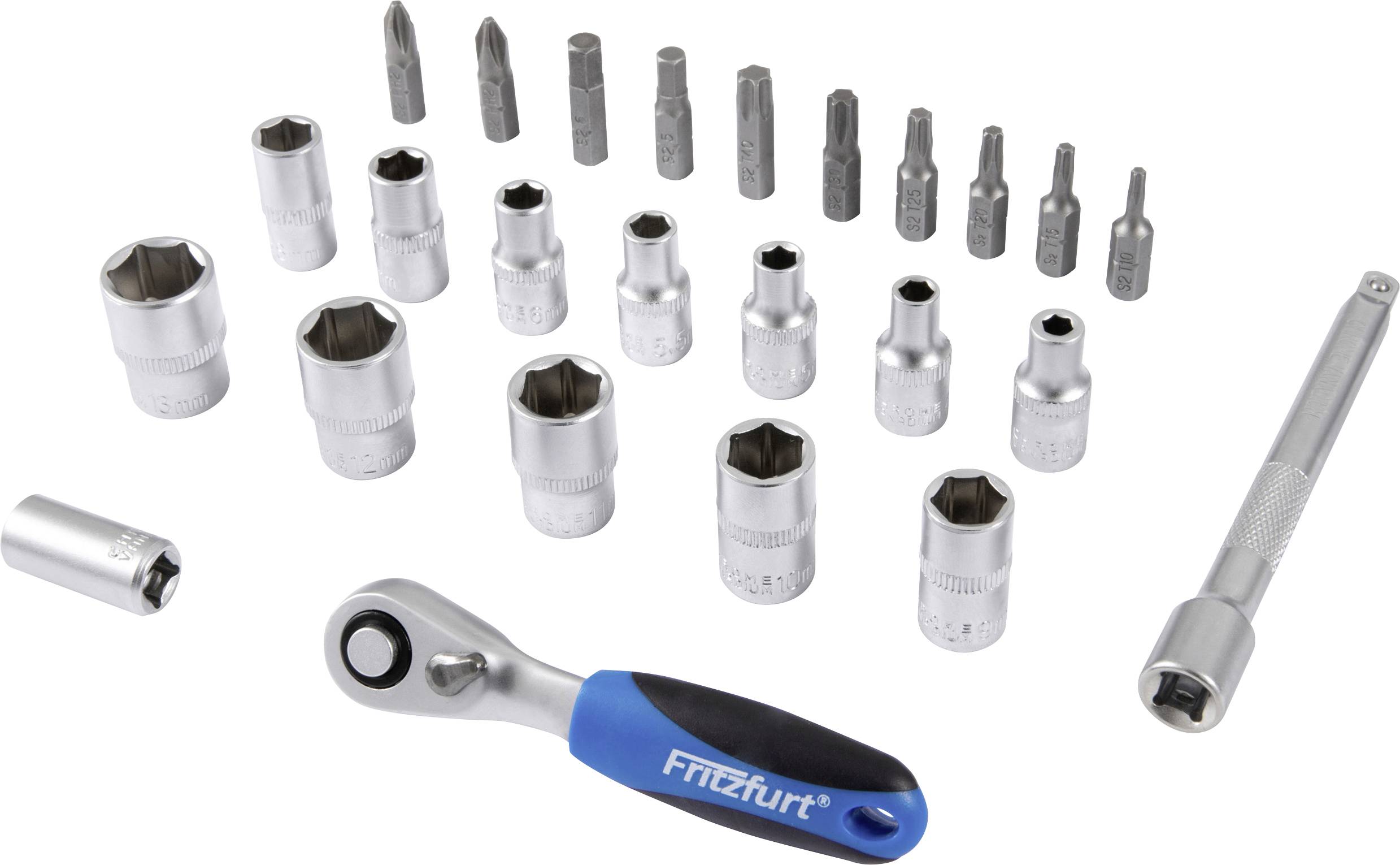 A toolkit with various metal sockets and a blue-handled ratchet inside a transparent plastic case labeled 'Fritzfurt'.