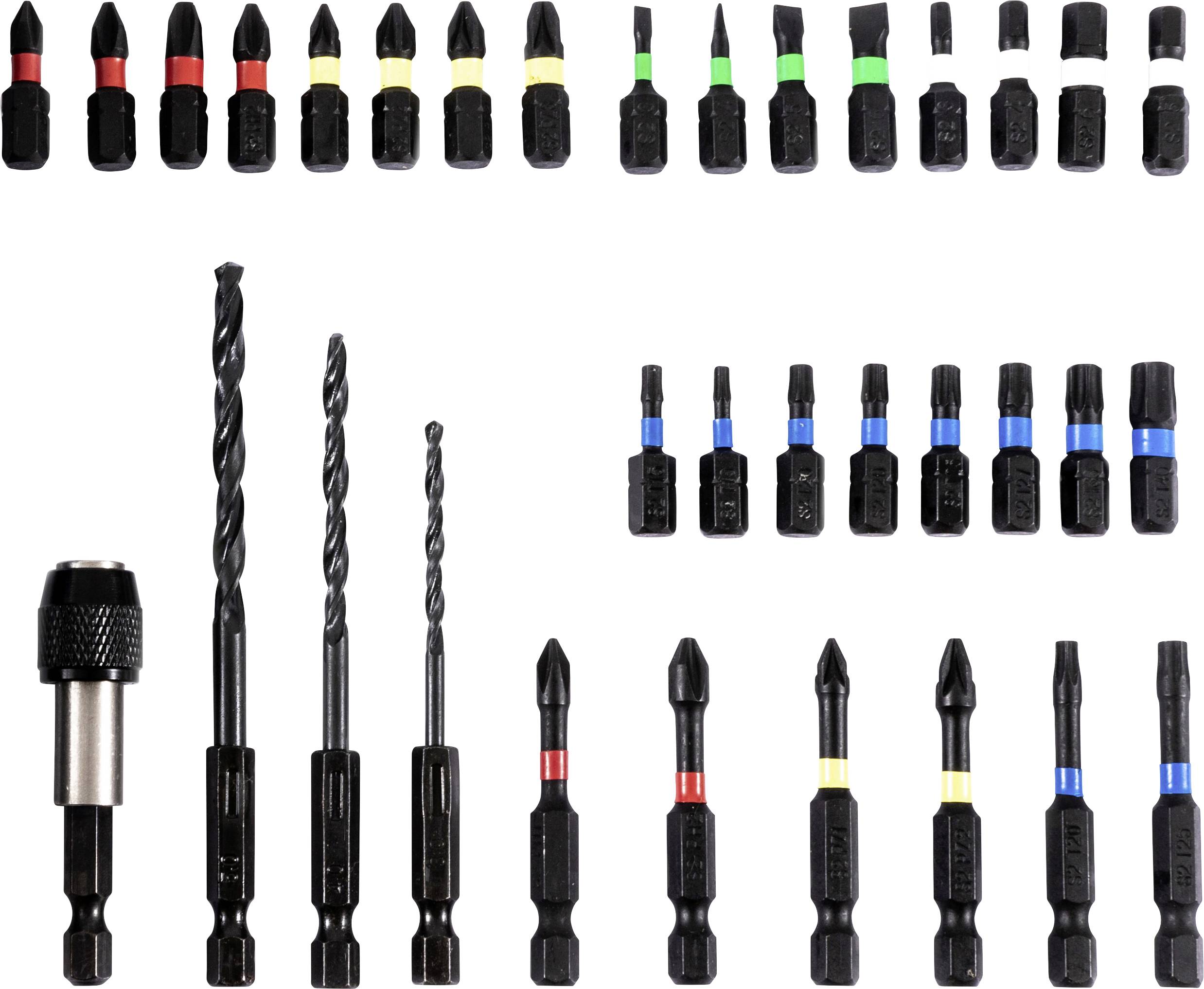 A set of various drill and screwdriver bits organized in rows, displaying multiple sizes and color-coded bands for identification.