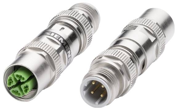 Two silver connectors, one with green and the other with gold contacts, show different views for electrical connections.