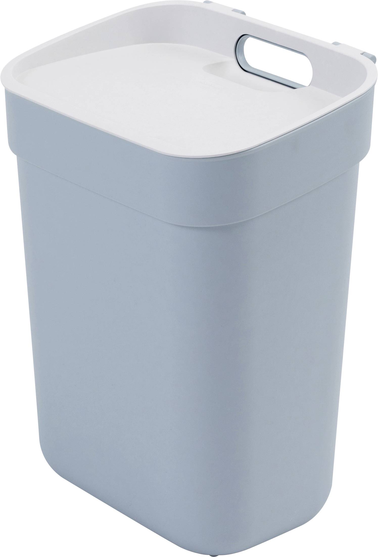 Hello, light blue waste bin with removable lid and handle, suitable for kitchen or office, simple and modern design.