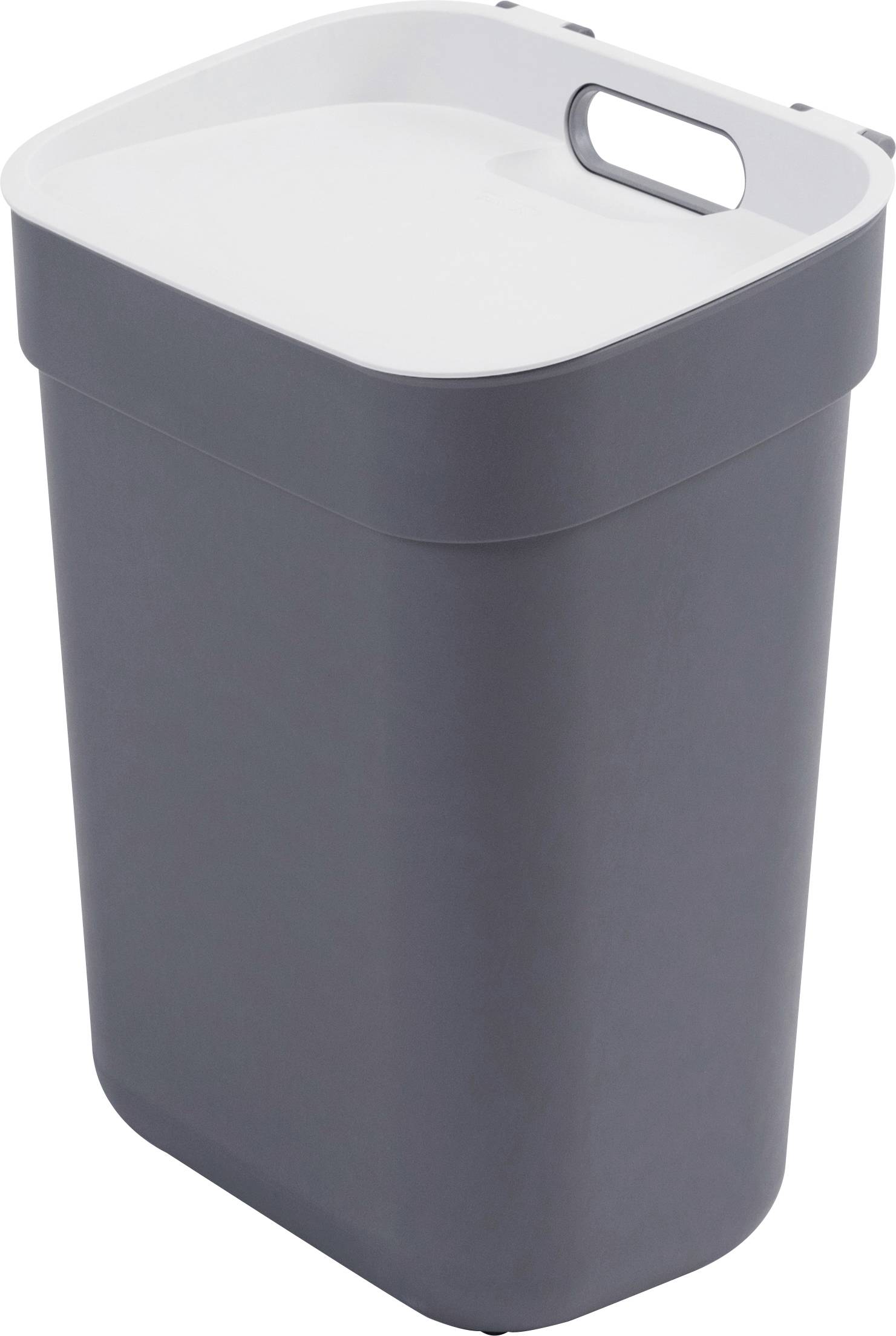 A tall, grey waste bin with a white lid and integrated carry handle, suitable for waste disposal in indoor areas.