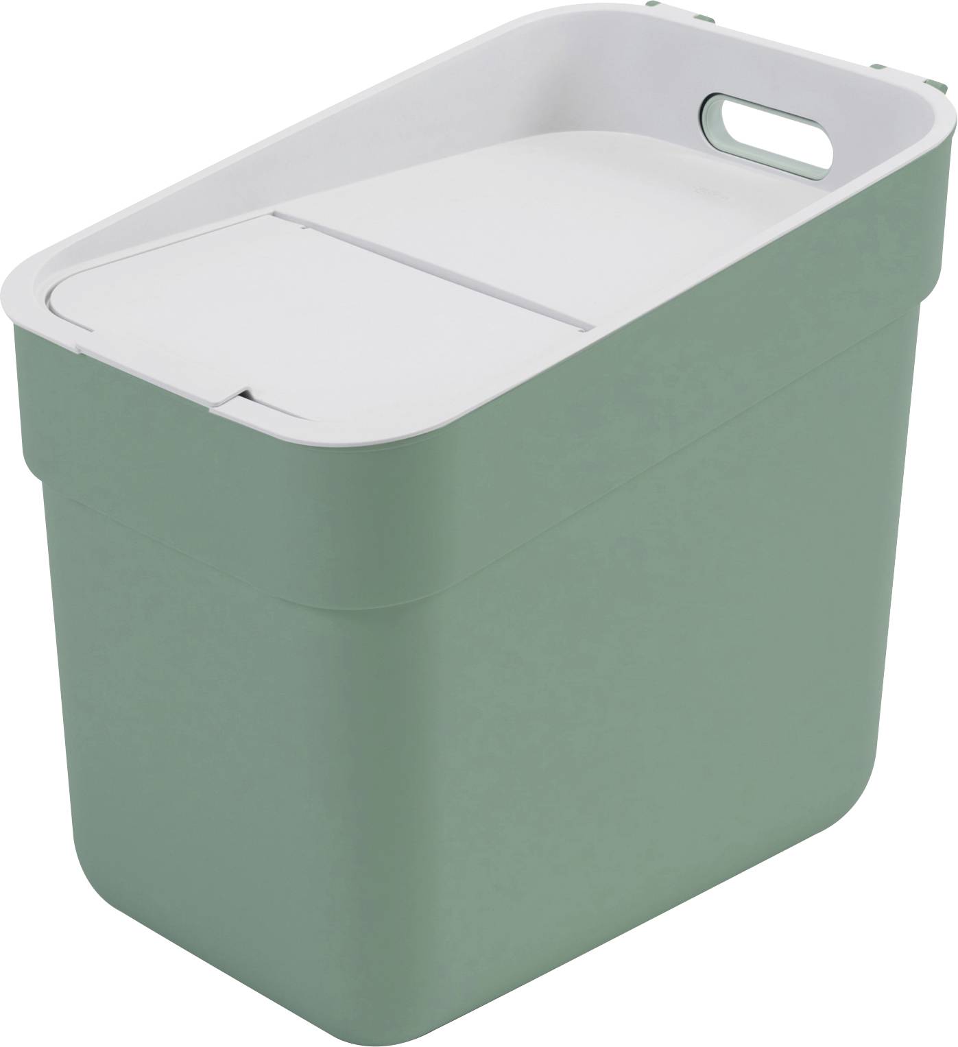Rectangular, green waste bin with a white hinged lid and a handle on the top. Suitable for household waste disposal.
