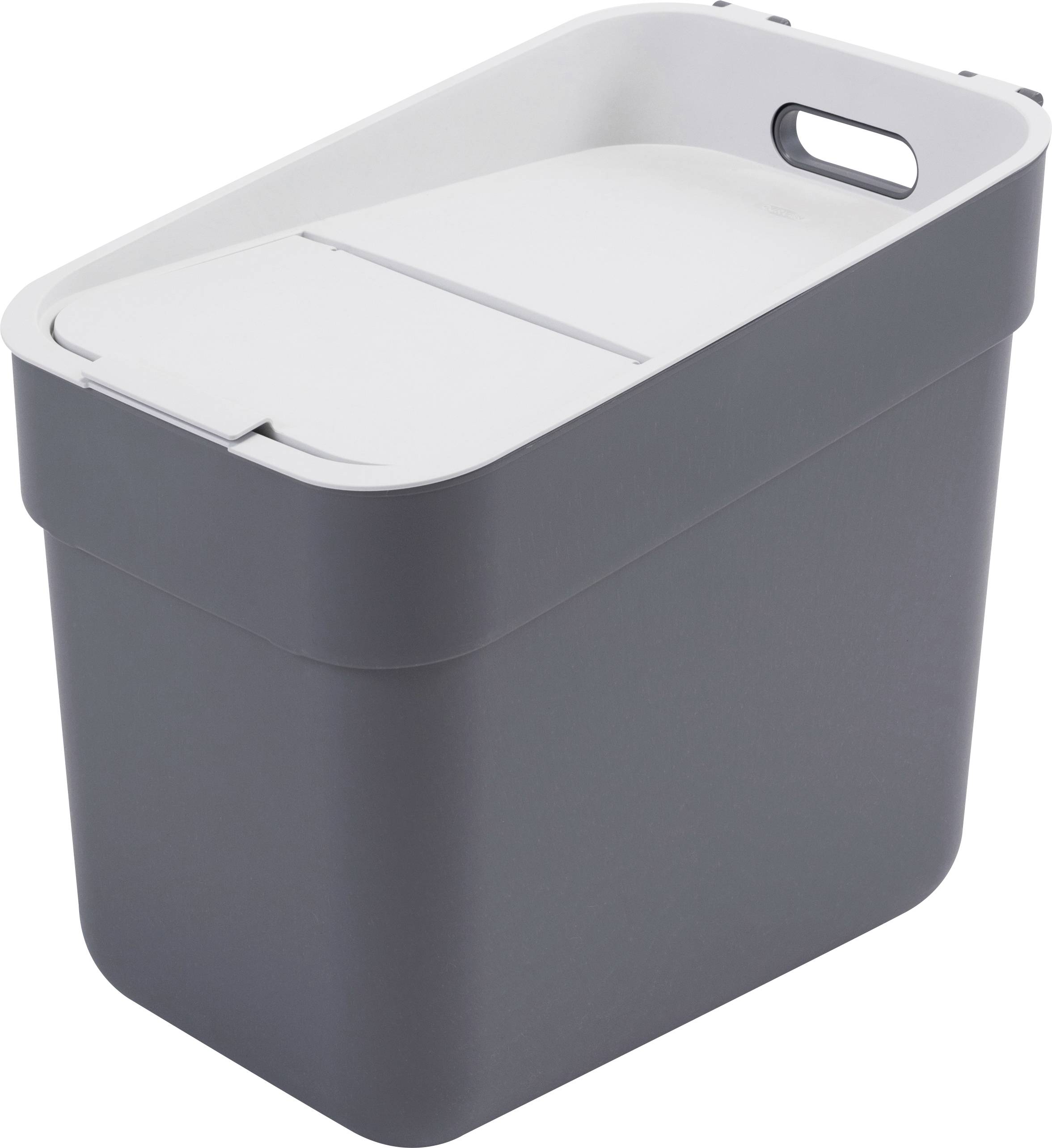 Grey waste bin with a white, divided lid and a carrying handle.