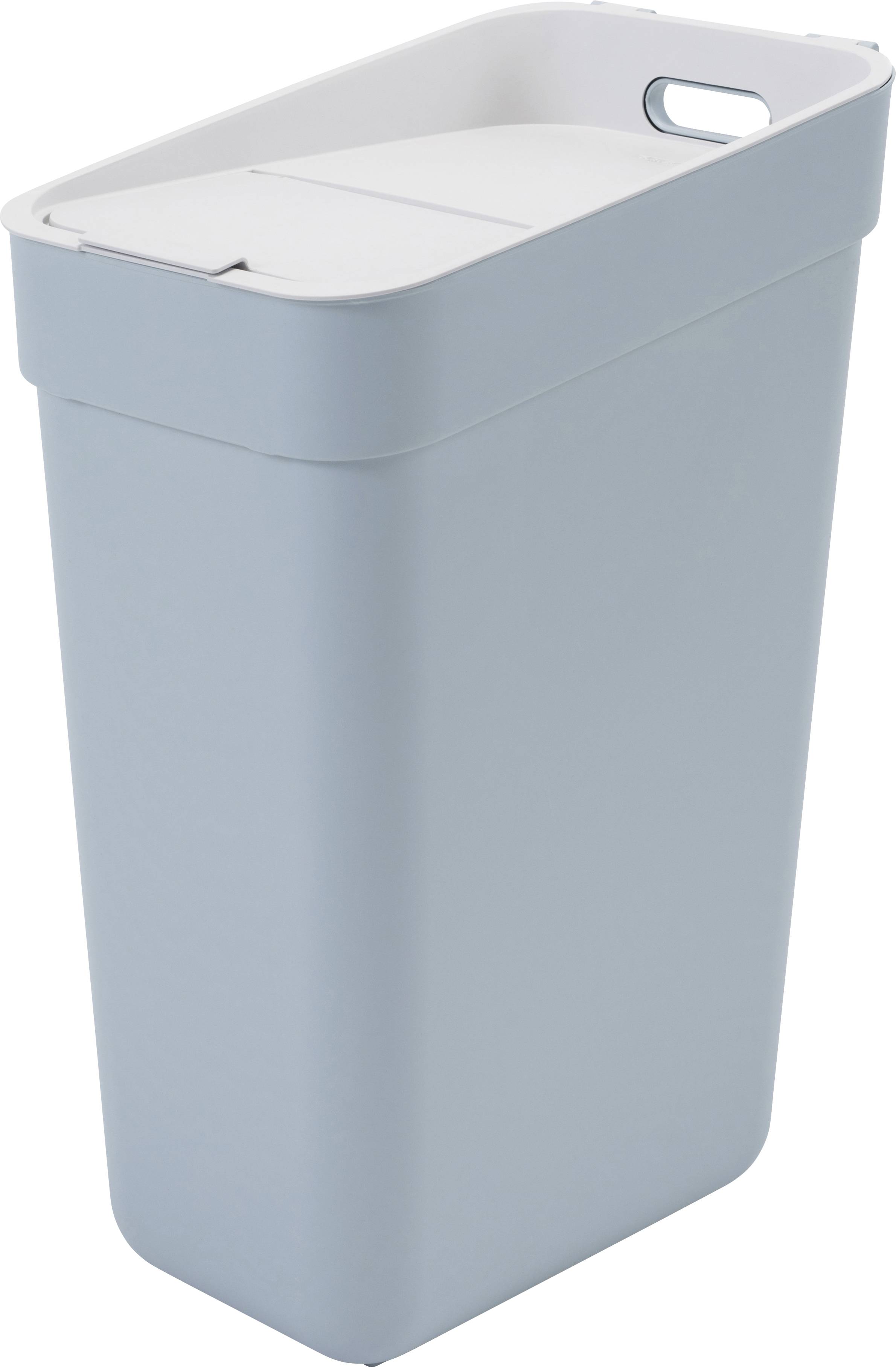 Light grey, rectangular waste bin with a rounded lid and integrated handle; suitable for household use.