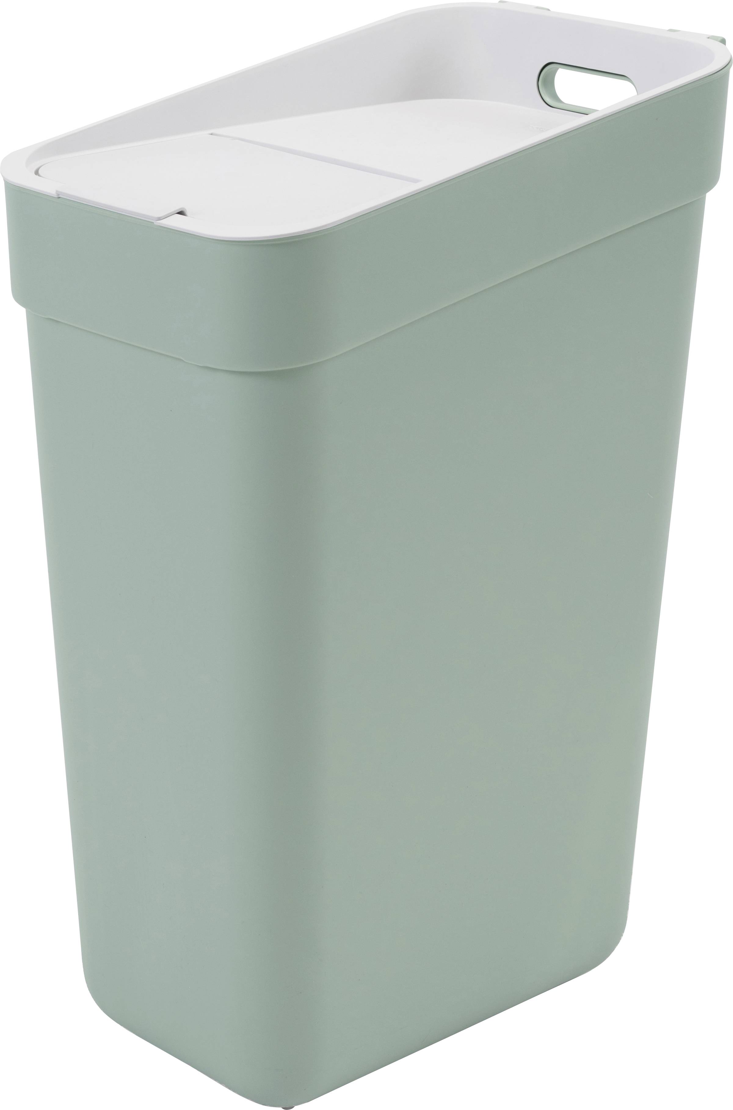 A tall, rectangular, light green waste bin with a white lid; suitable for indoor waste disposal.