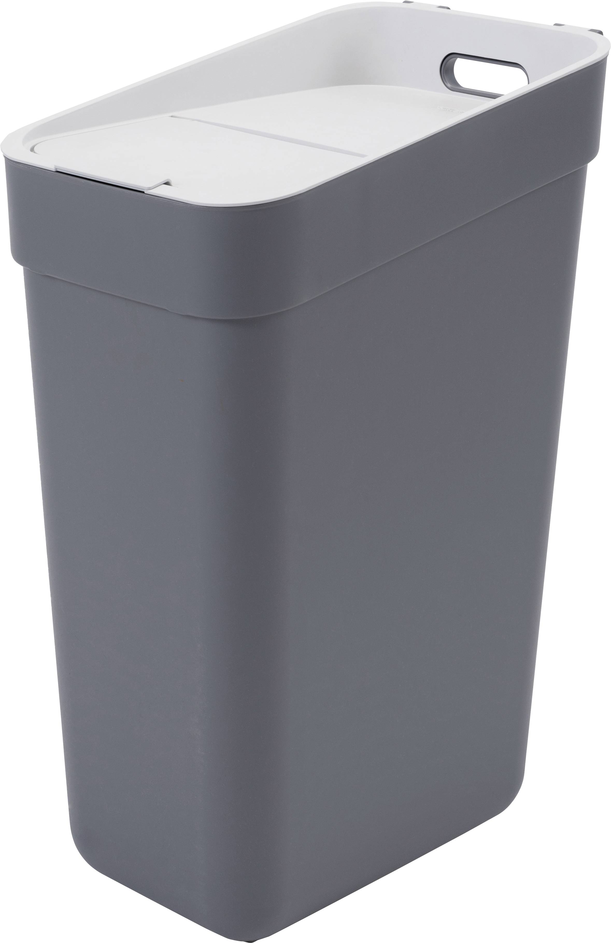Grey rectangular waste bin with a removable lid, suitable for modern households.