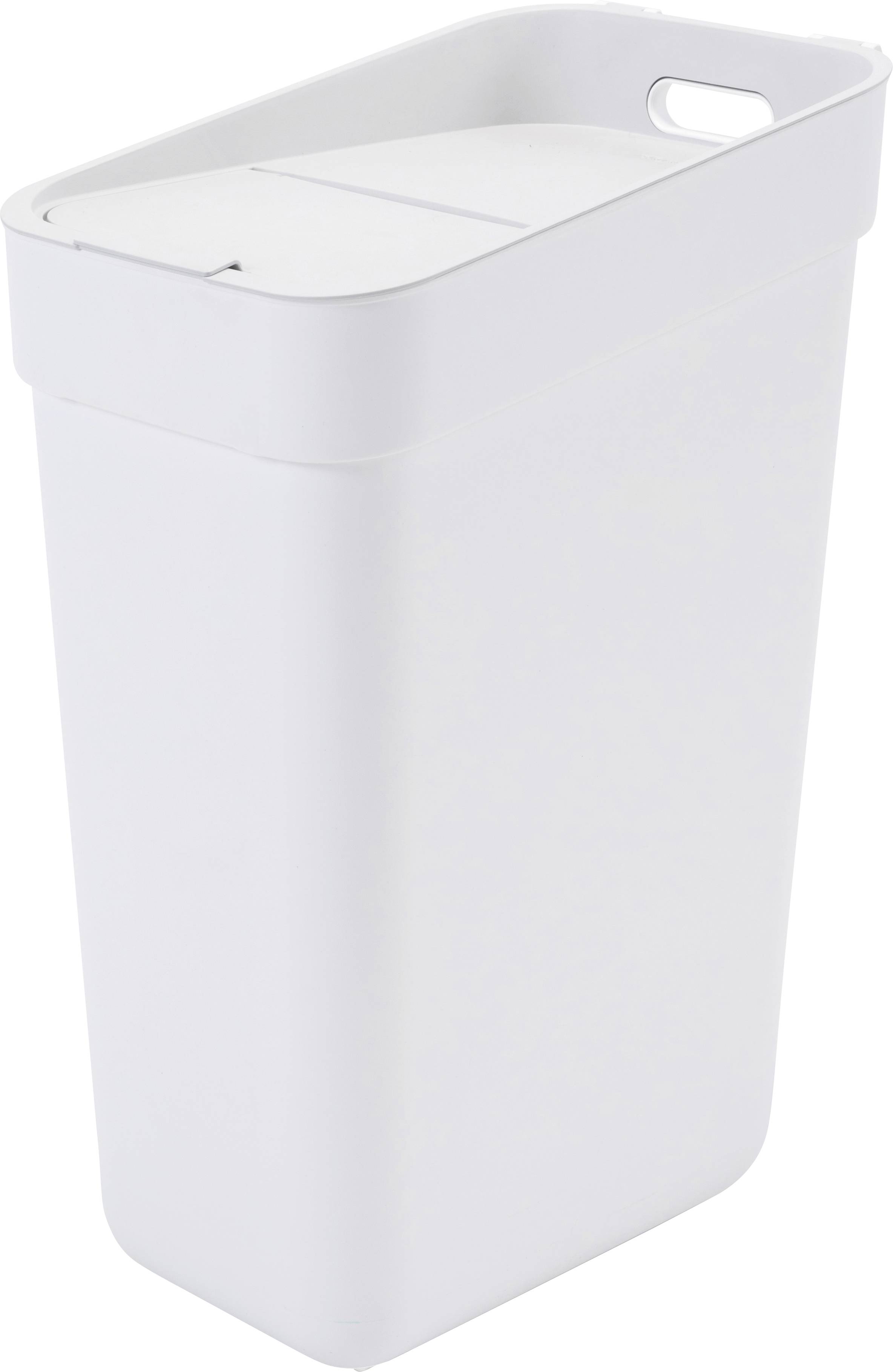 A white waste bin with a rectangular design and a removable lid. There is a handle on the side for easy carrying.