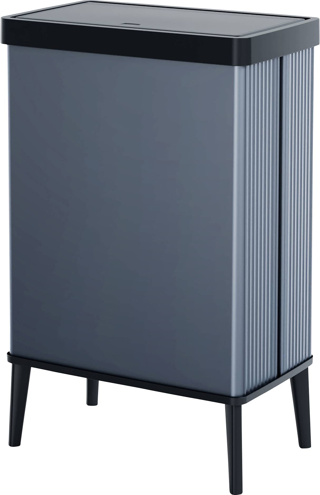 A tall, rectangular, grey metal dustbin with a black lid stands on four legs.