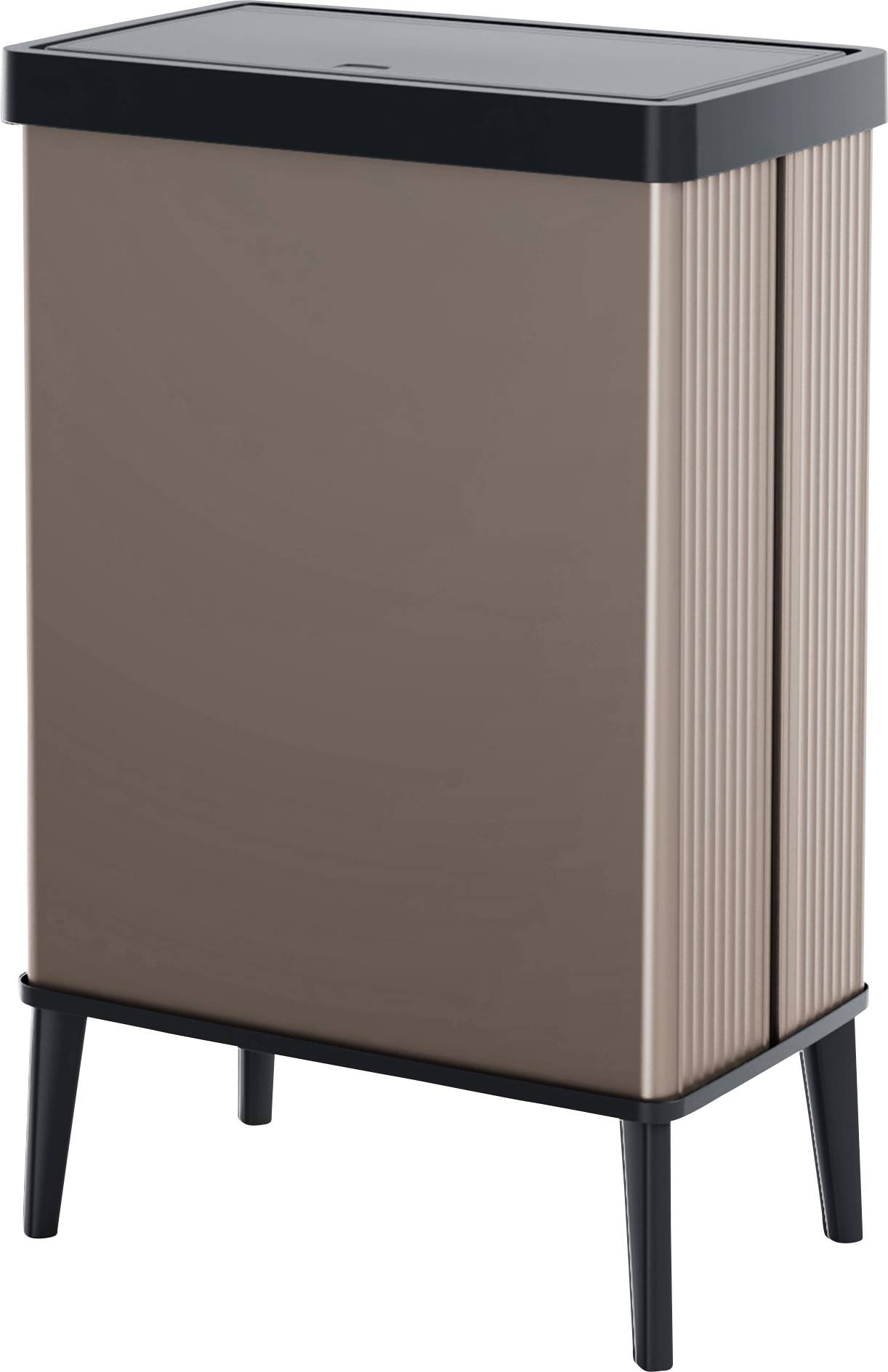 A tall, rectangular rubbish bin with a brown metallic surface and black lid. Standing on four slender legs.