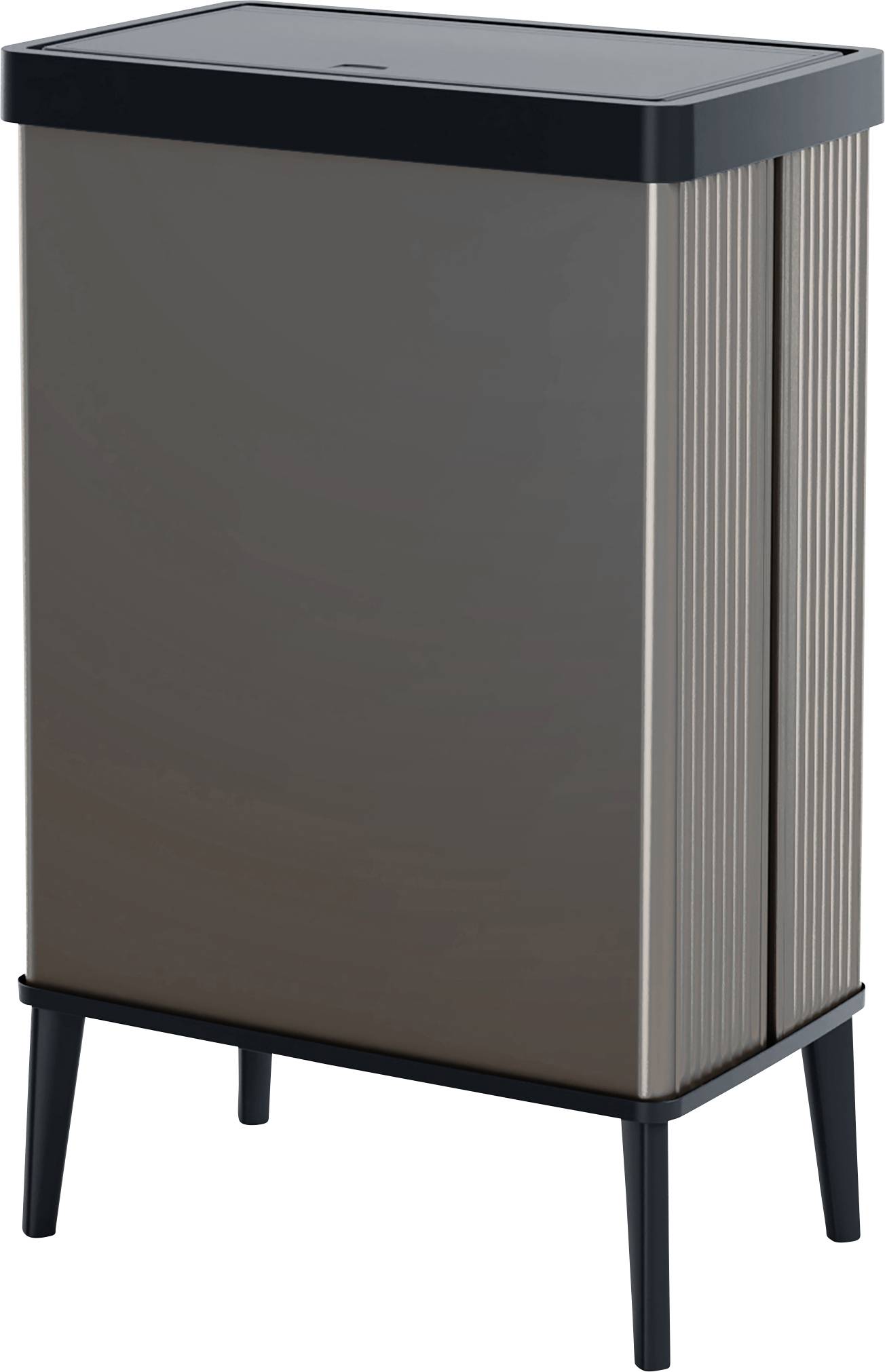 An elegant, modern waste bin on four legs, crafted from metal with a dark finish, suitable for stylish interior design.