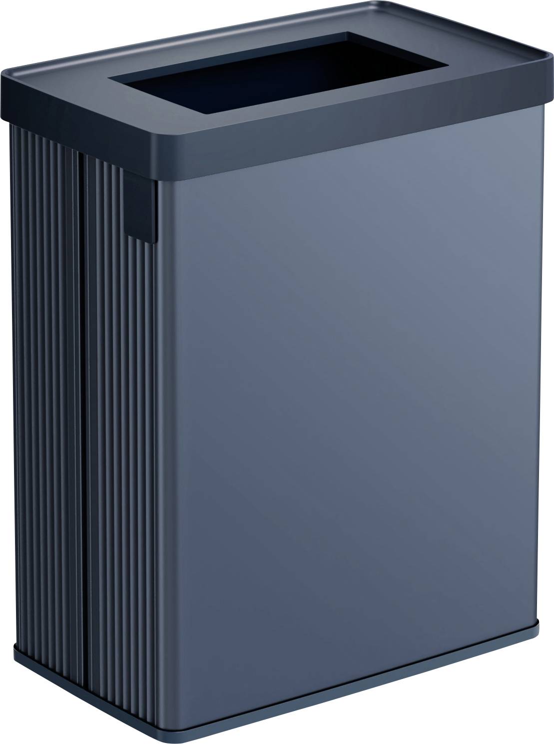 A rectangular, blue waste bin with an open lid, suitable for indoor use.
