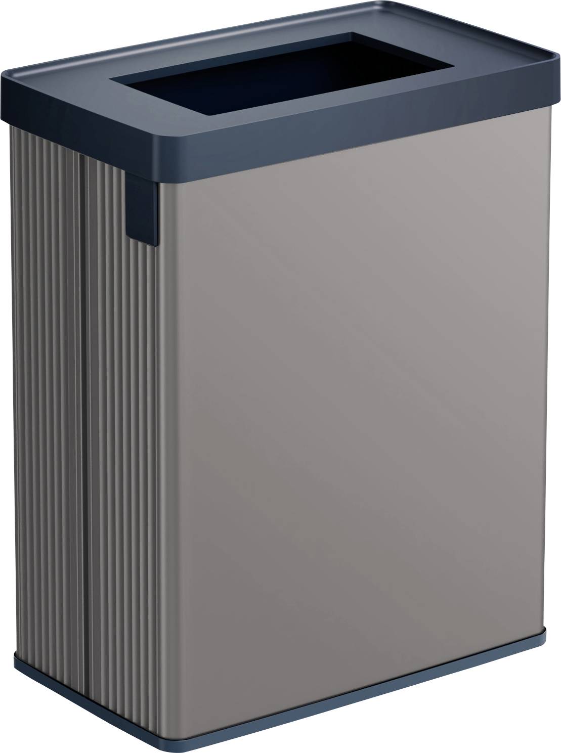 A rectangular, grey waste bin with an open lid, suitable for indoor use.