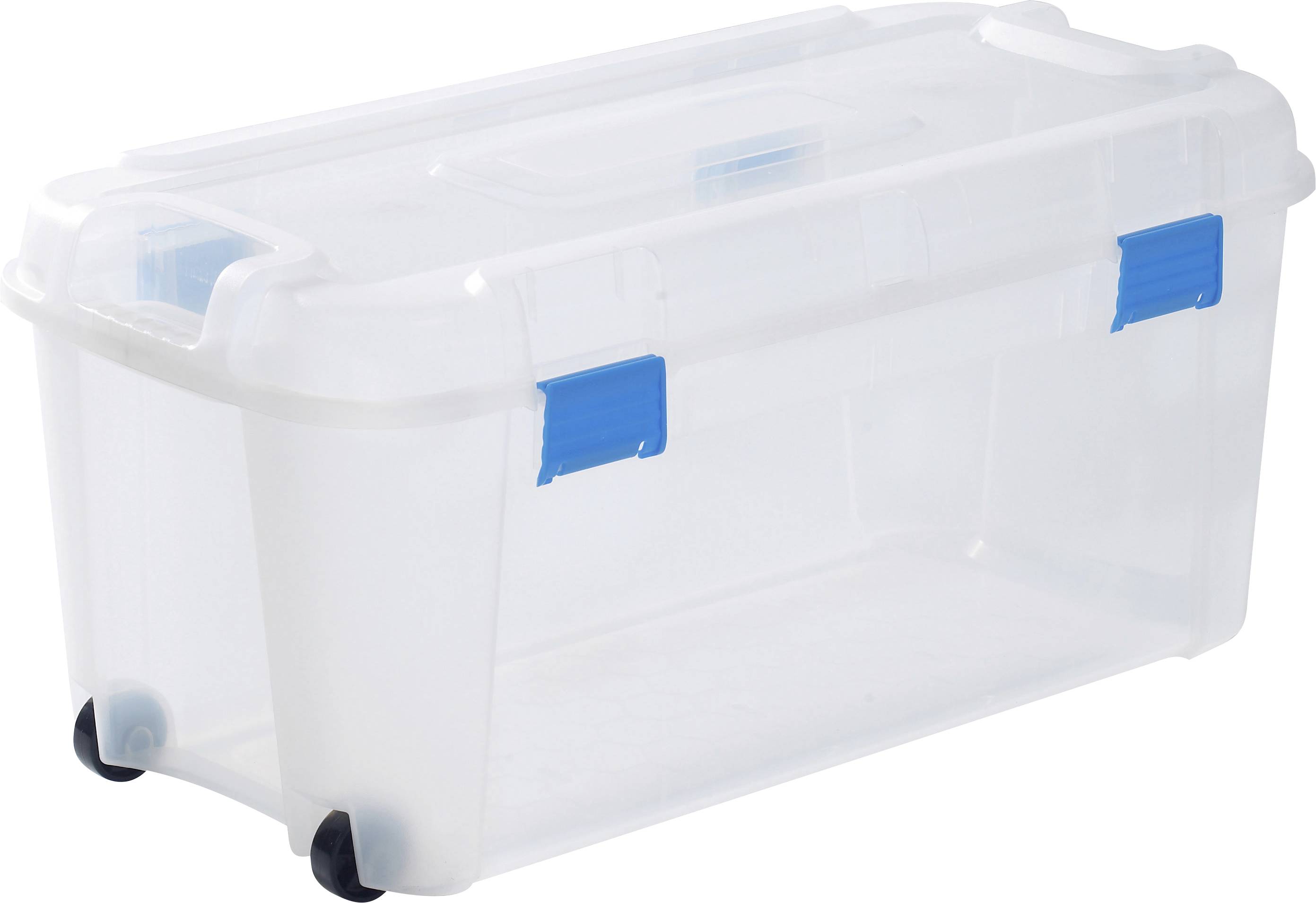 Transparent storage box with wheels, rectangular, blue lid, suitable for space-saving storage.