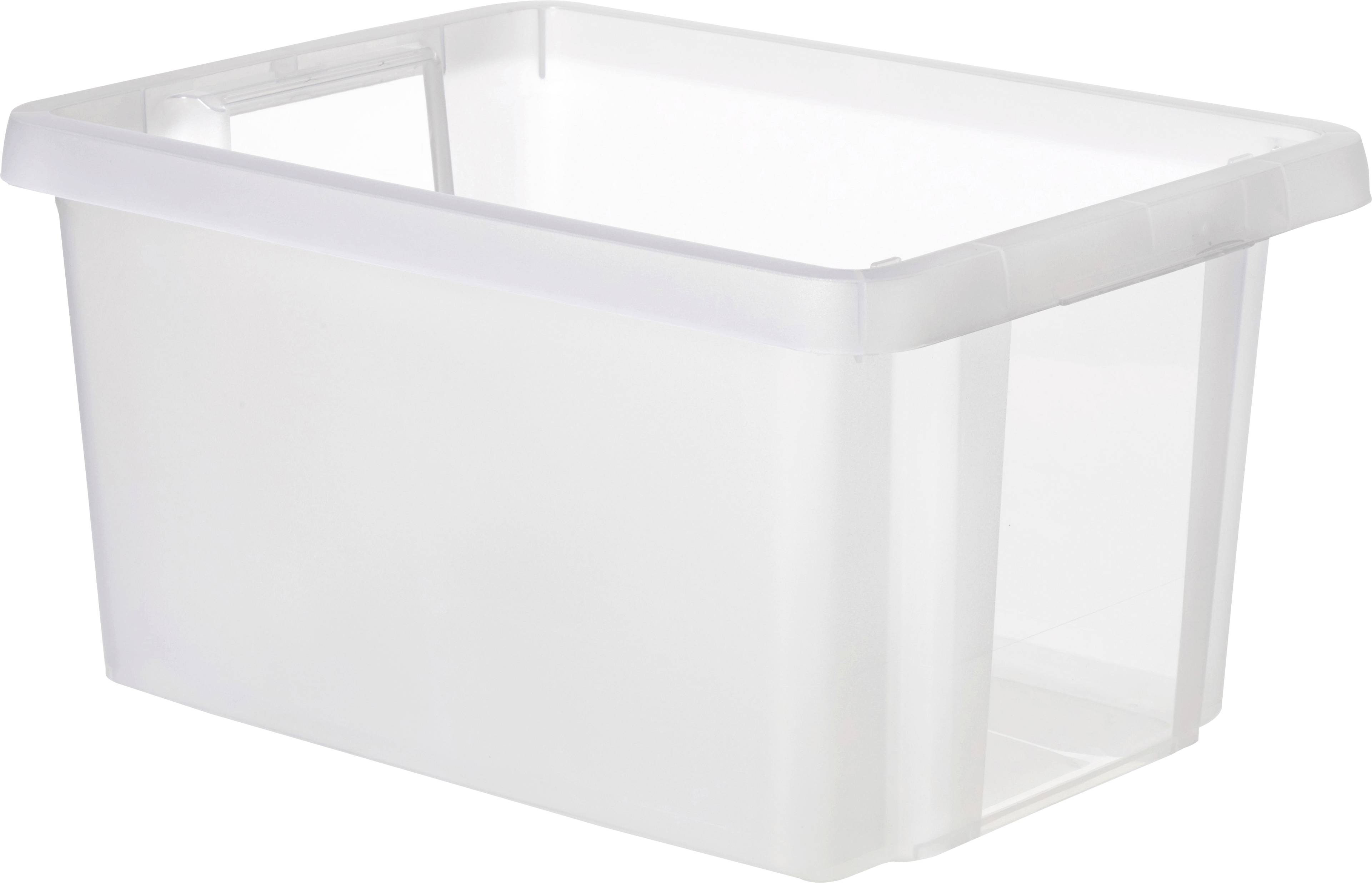 Translucent plastic storage box with an open side view. Perfect for storing household items.