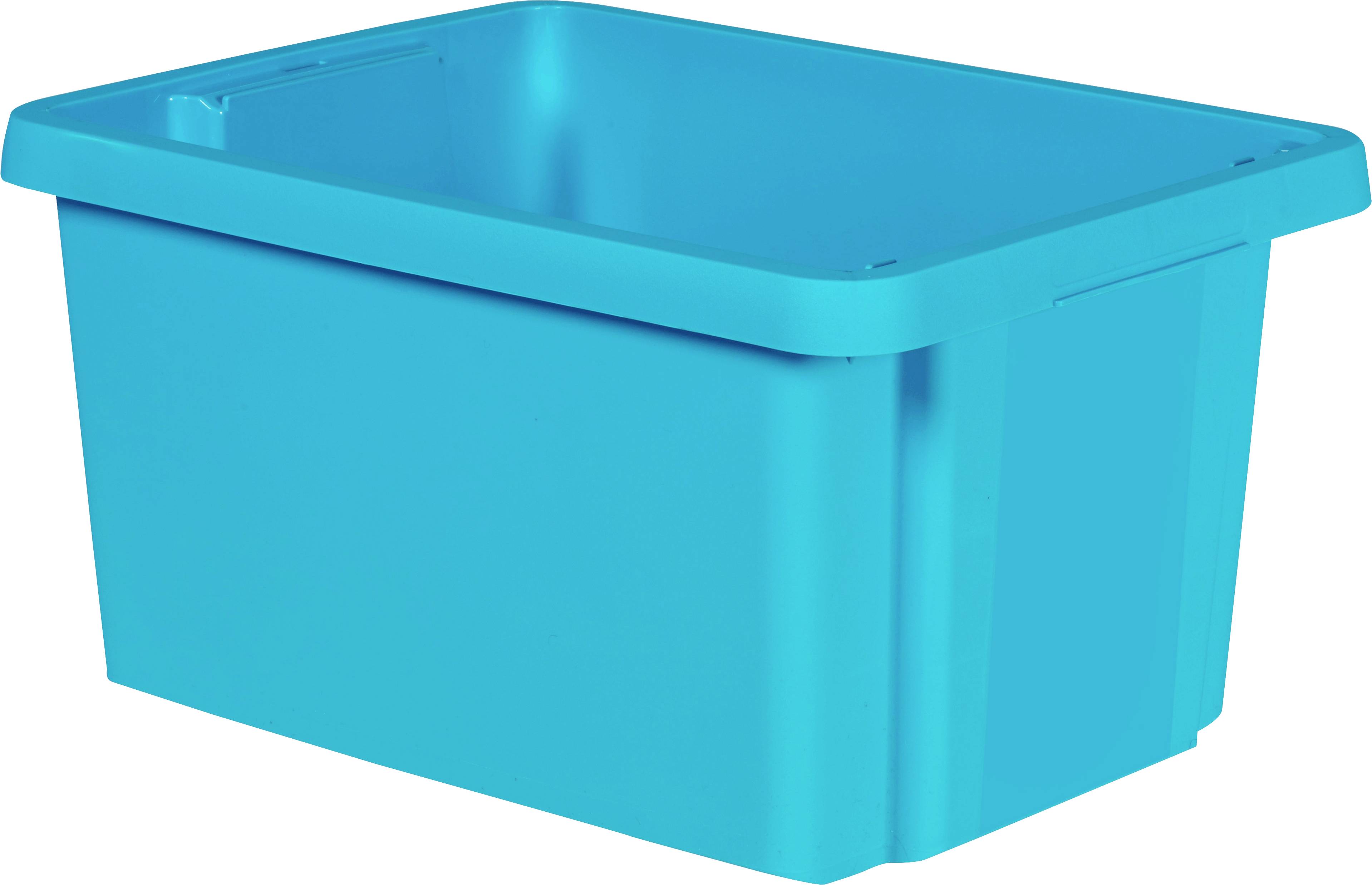 A large, rectangular, light blue plastic container without a lid.