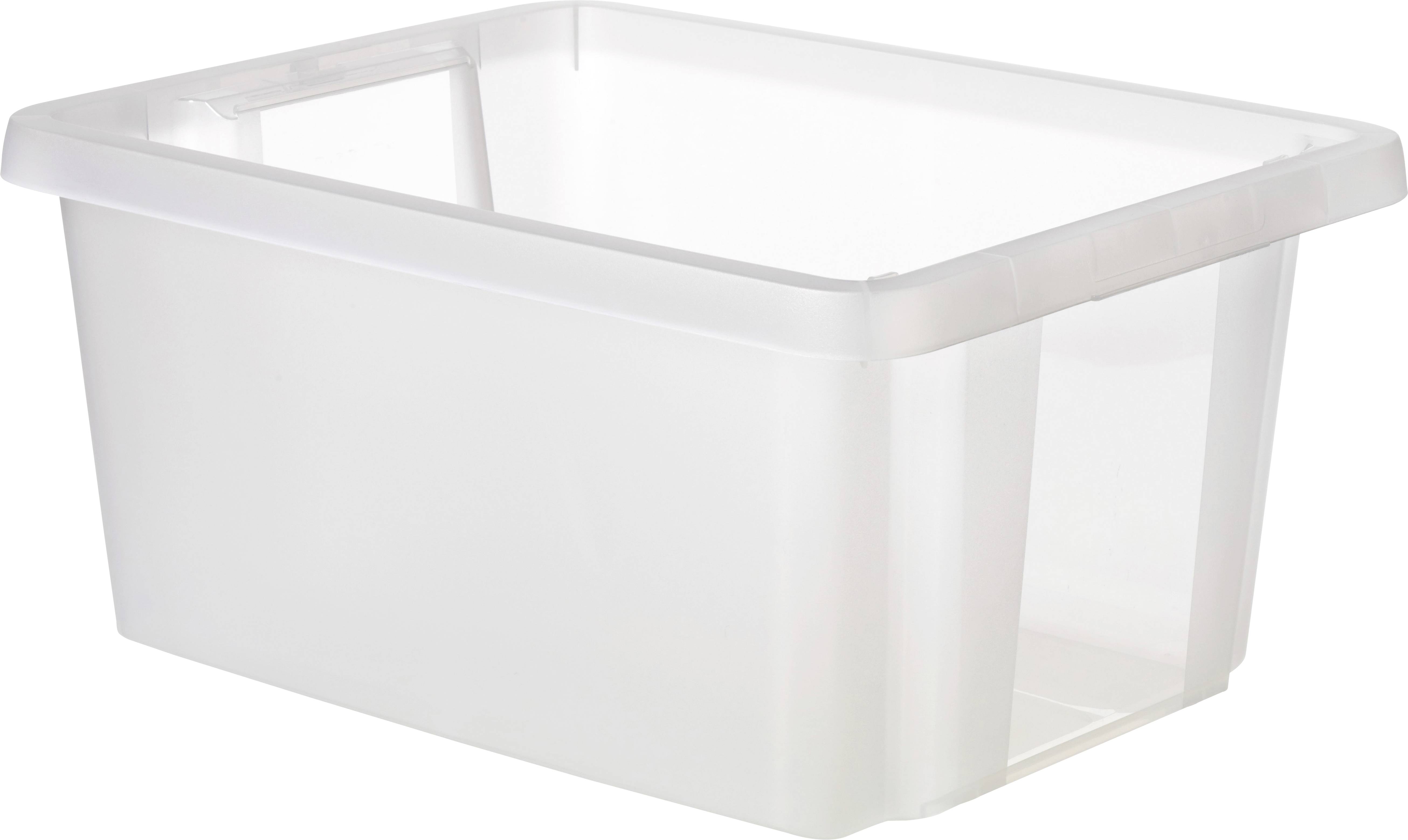 A transparent plastic storage container with a slightly reinforced edge.