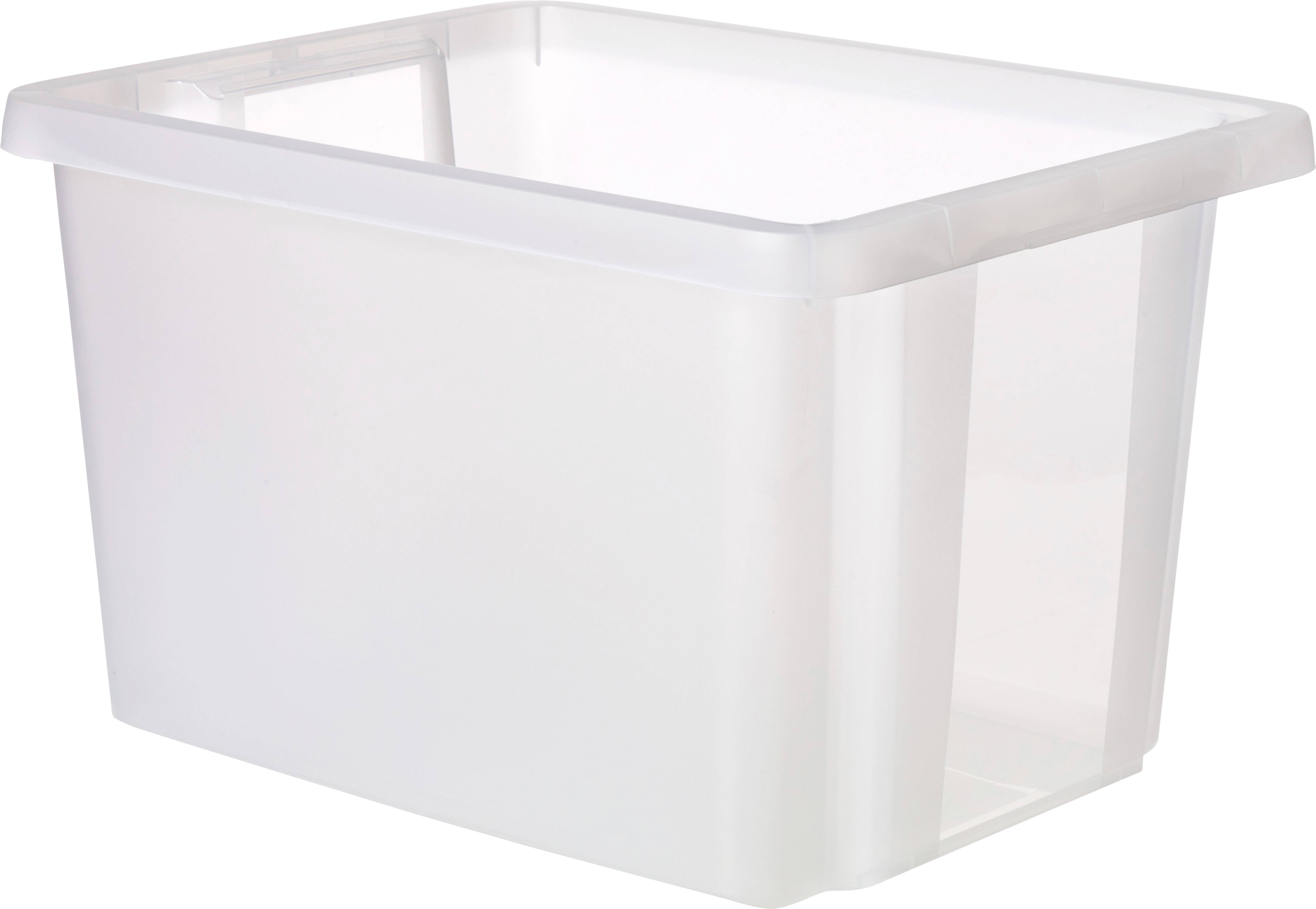 Plastic storage box, clear, rectangular, for organising items in the home or office.