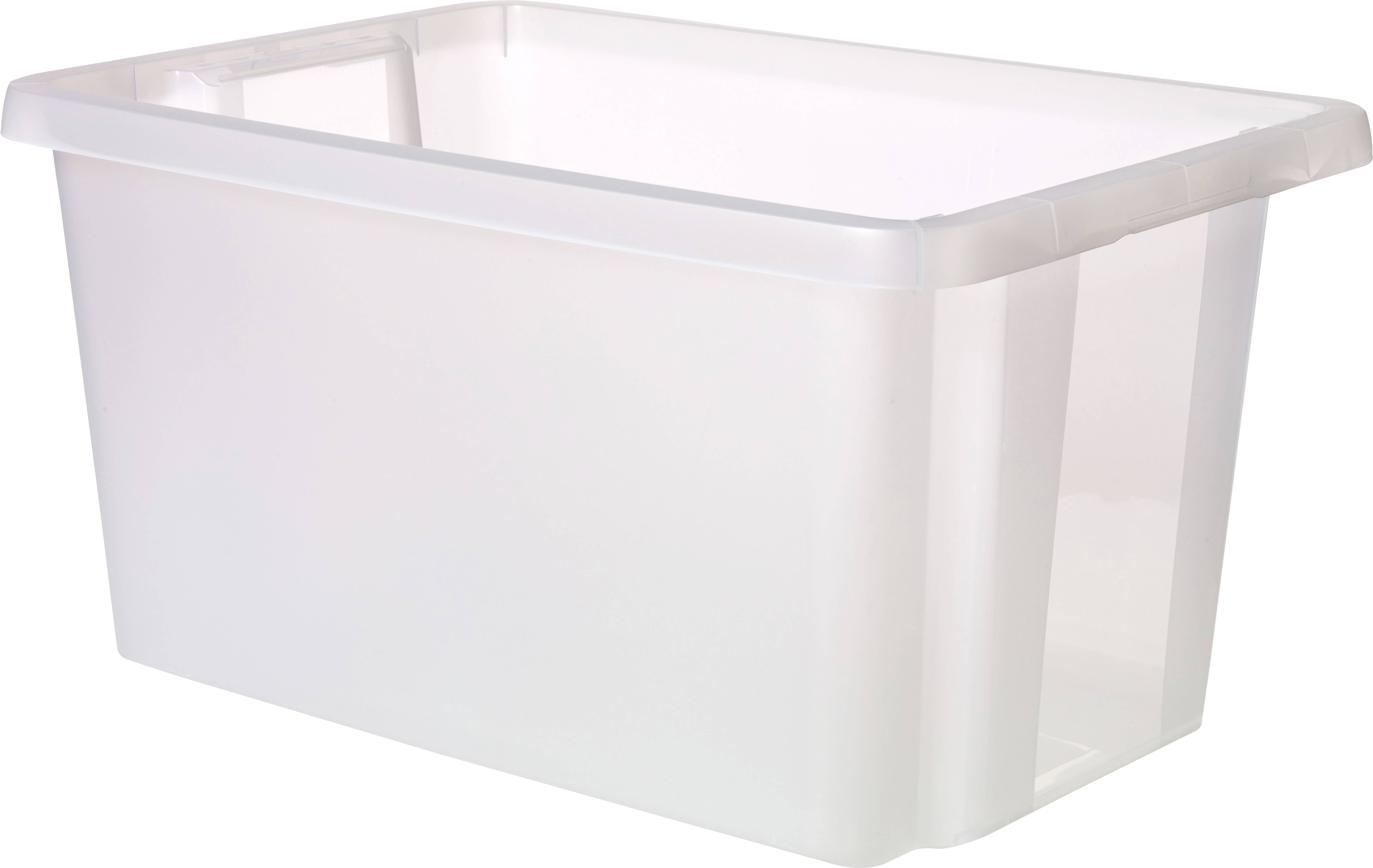 Transparent plastic storage box with lid, rectangular, ideal for storing household items.