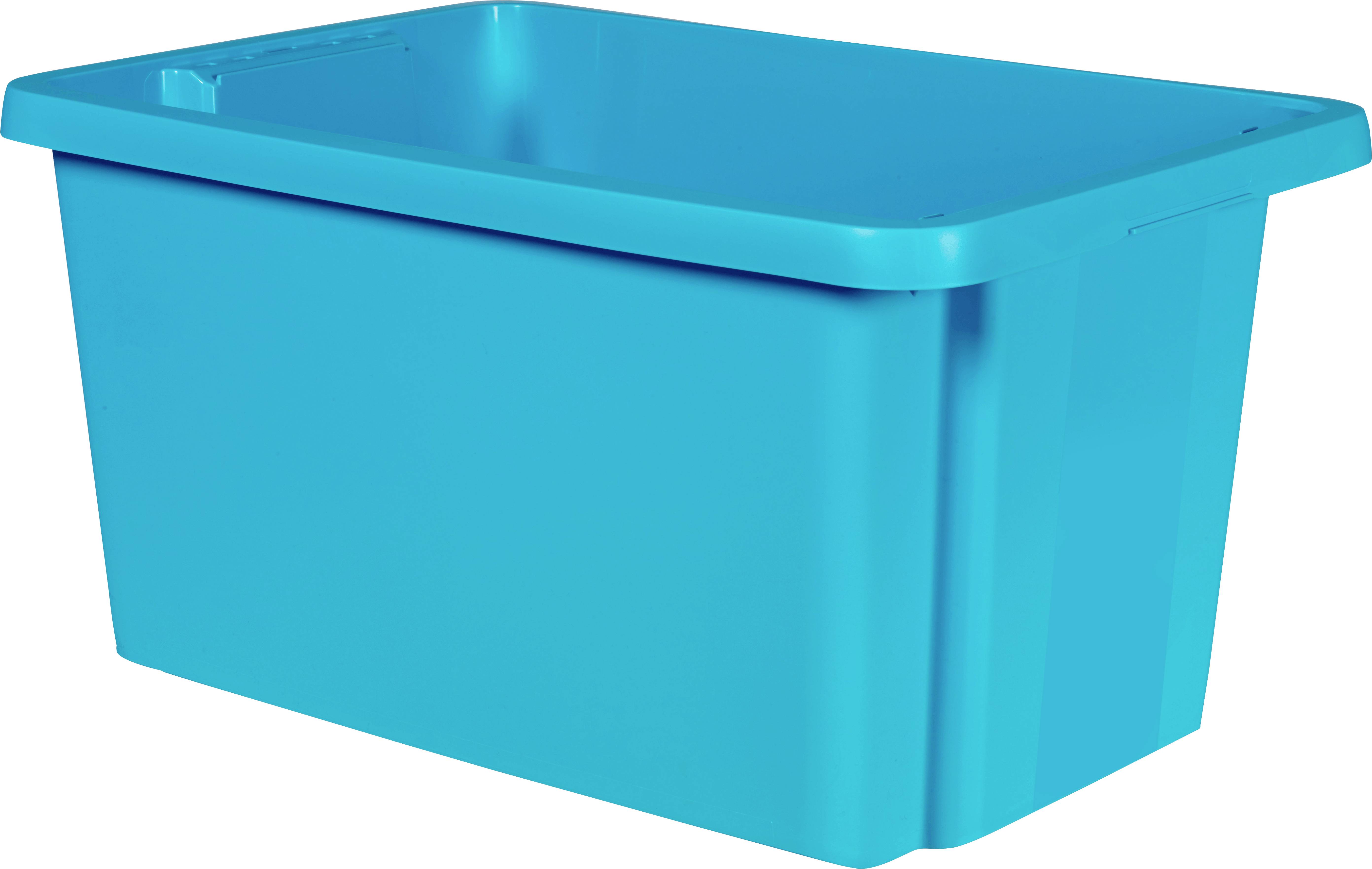 A blue plastic container with a lid, rectangular in shape, suitable for storage or transportation.