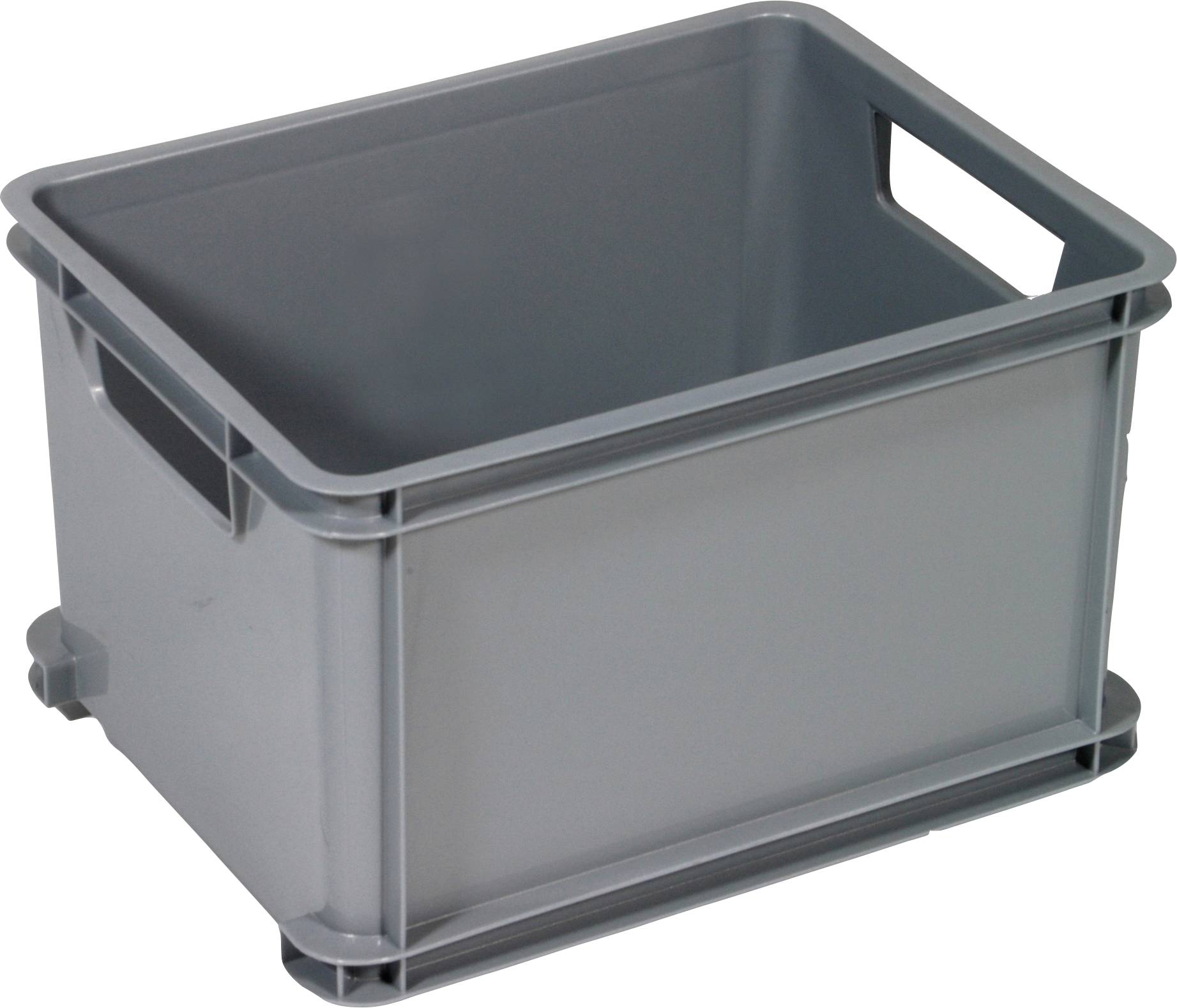 Grey plastic storage crate with side handles, rectangular shape, stackable. Suitable for transporting or storing items.