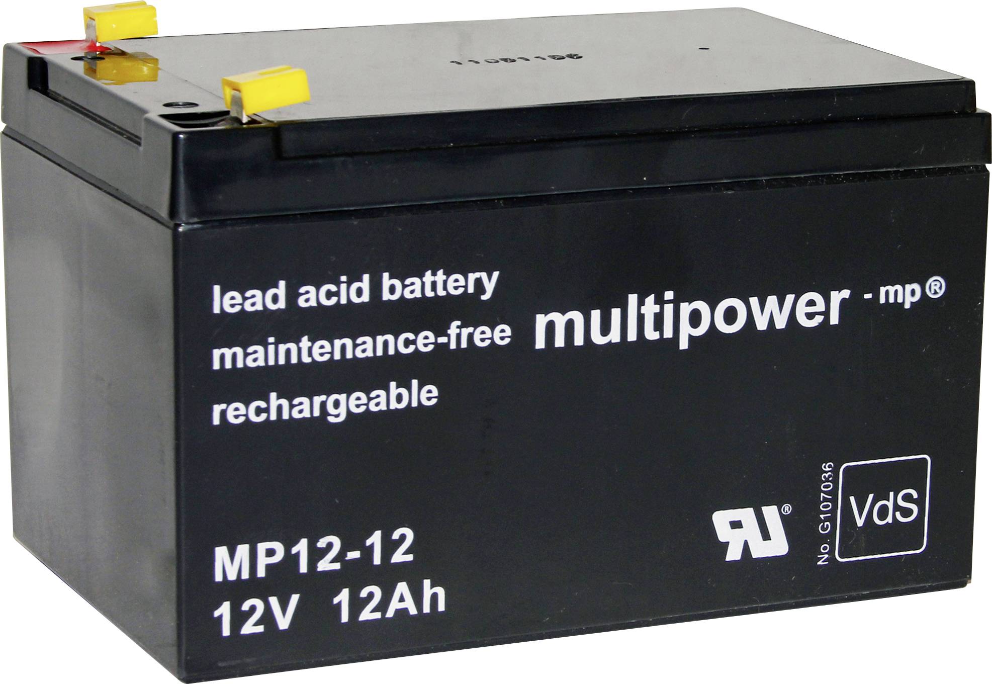 A black, rechargeable lead-acid battery labelled 'lead acid battery, maintenance-free, multipower'. Voltage: 12V, Capacity: 12Ah.