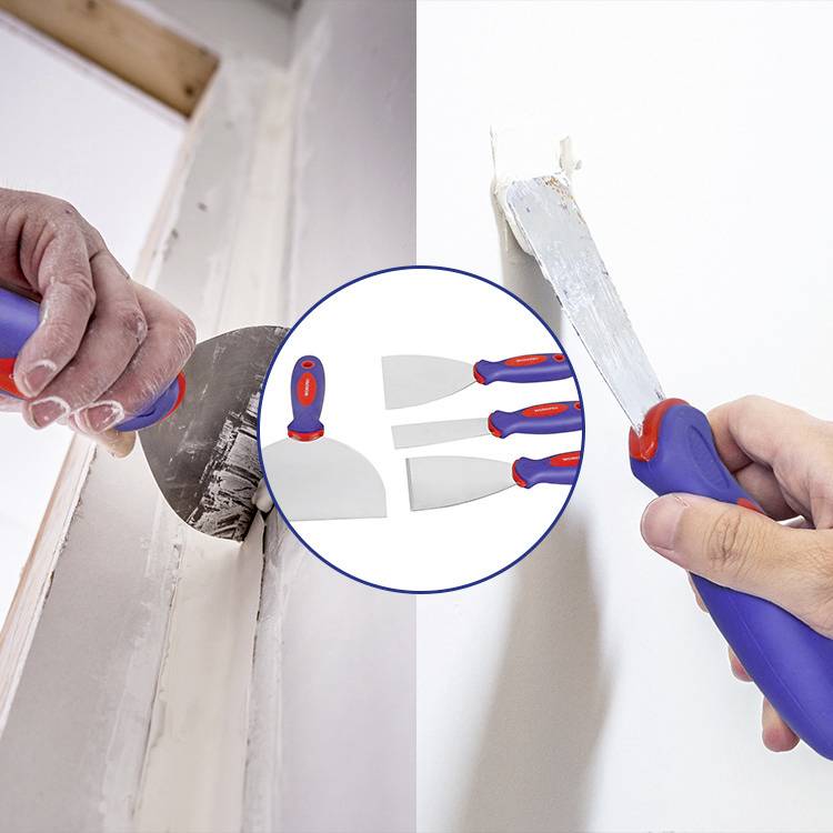 Two hands are using a scraper to remove paint from a wall edge. In the centre, three different scrapers are shown.