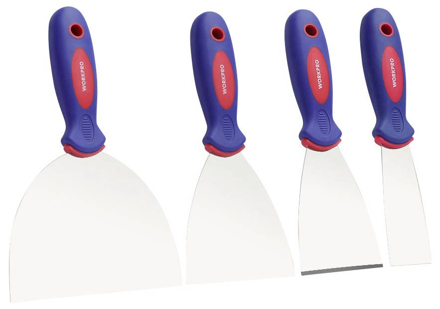 Four paint scrapers with blue handles in various sizes, from wide to narrow, made of metal for painting or construction work.