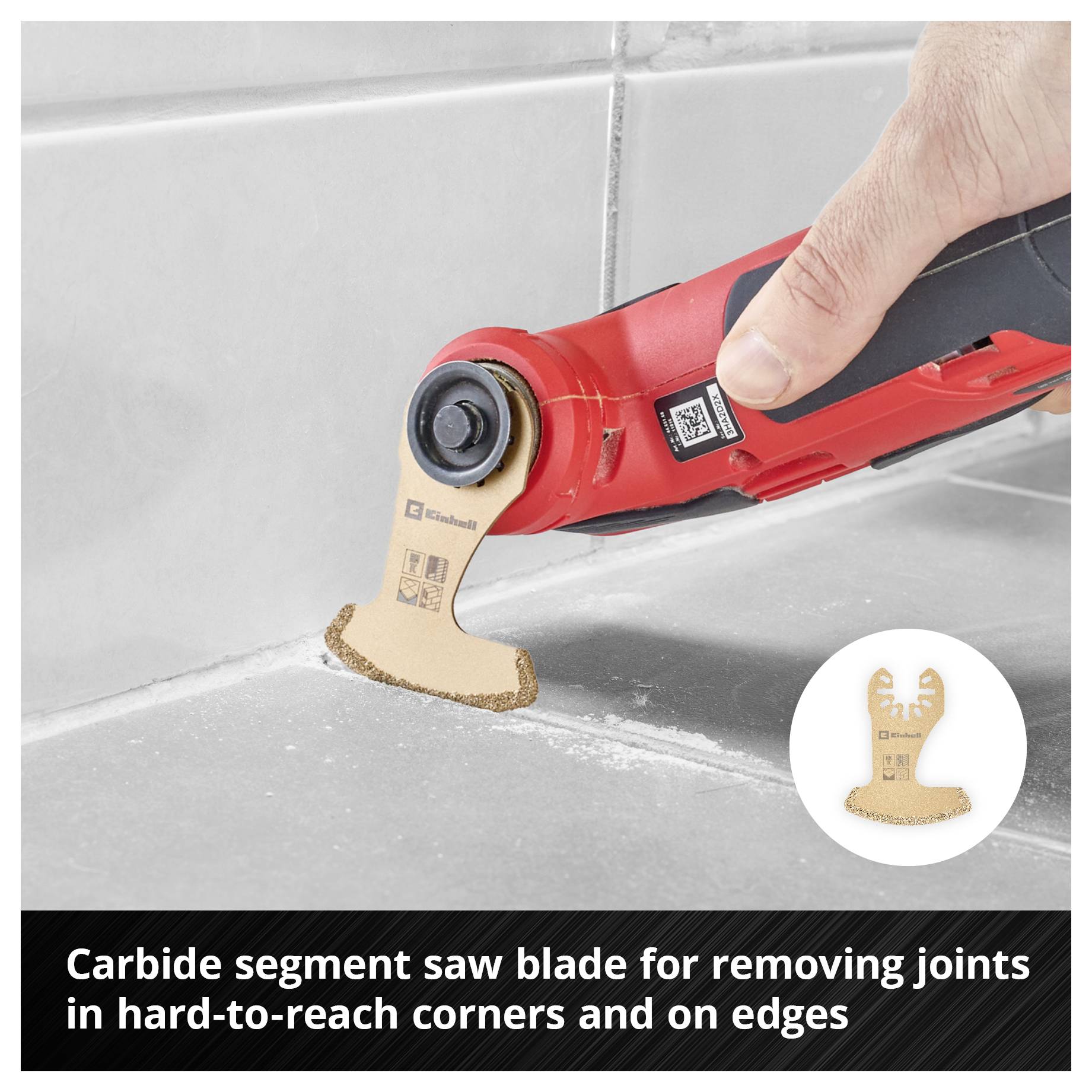 Hand holding oscillating multitools with HM segment saw blade, cutting joints in corners. Use in hard-to-reach places.