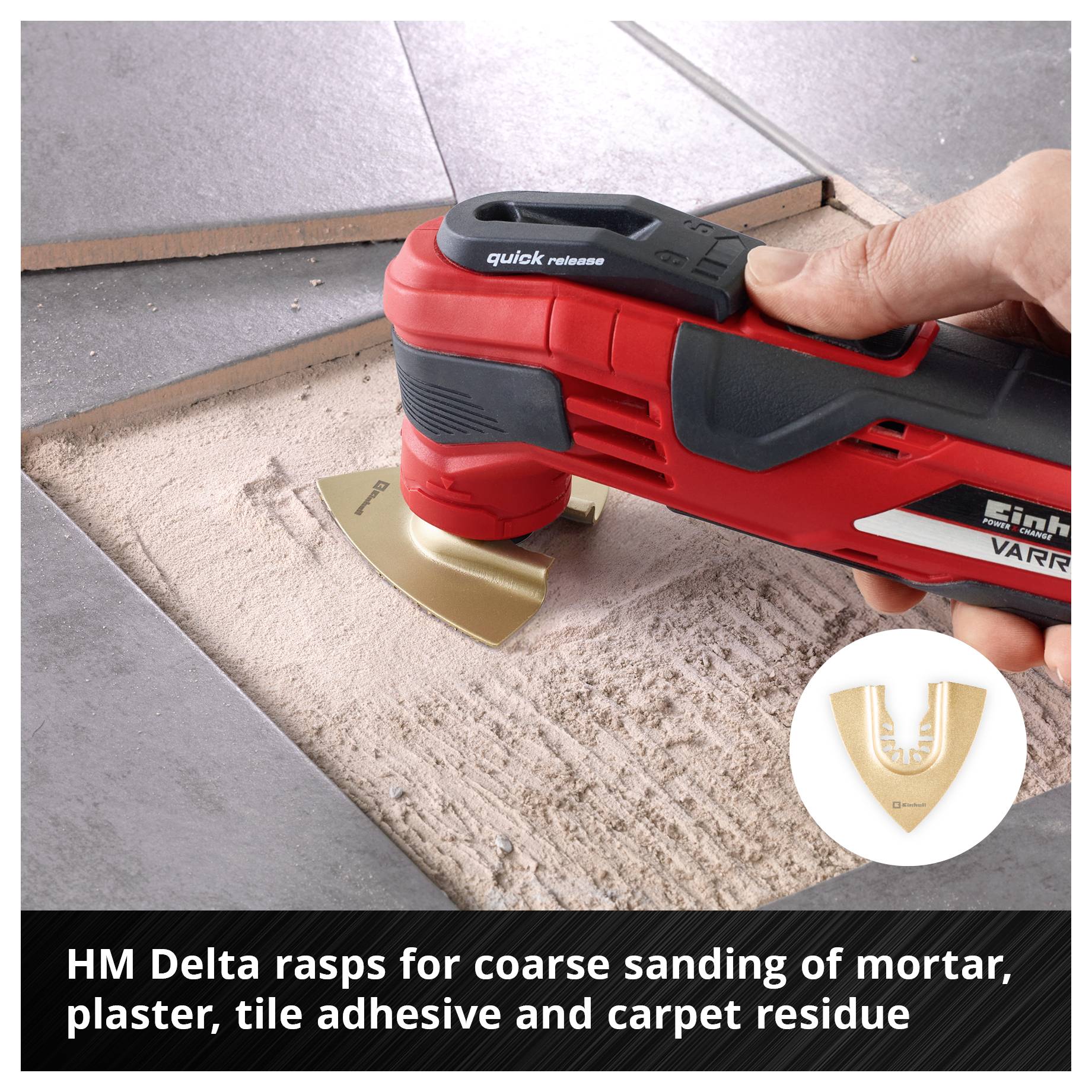A red multifunctional tool grinds mortar from tile grout. Text says: HM Delta-rasps for rough grinding of mortar, plaster, tile adhesive and carpet remnants.