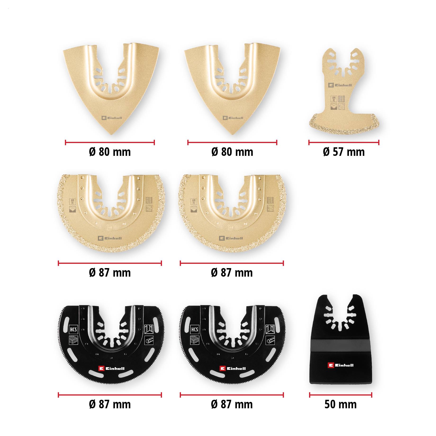Einhell saw blades, various shapes and sizes: 80 mm, 87 mm, 57 mm, 50 mm diameter, shown in gold and black.