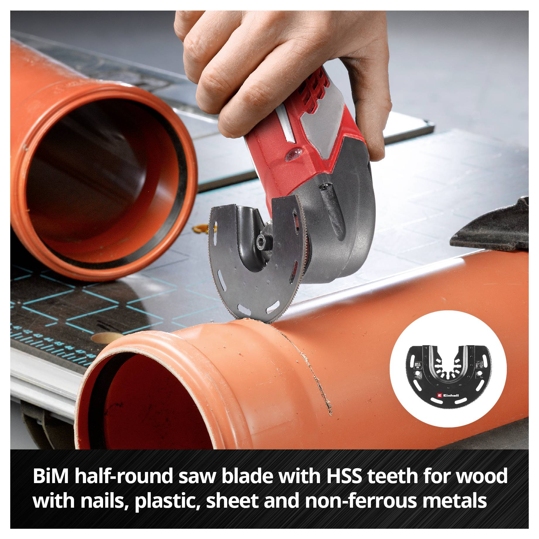 A hand holds an oscillating saw with a bi-metal crescent saw blade, cutting through an orange pipe on a table.