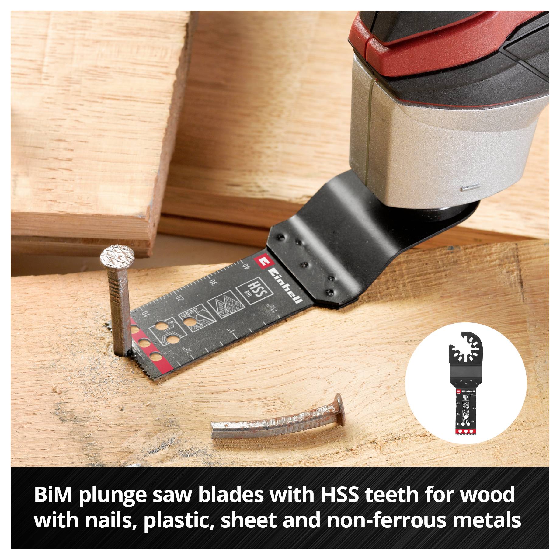 Plunge saw cuts wood with nails. Note: 'BiM plunge saw blades with HSS teeth for sheet metal, wood, non-ferrous metals and plastic'.