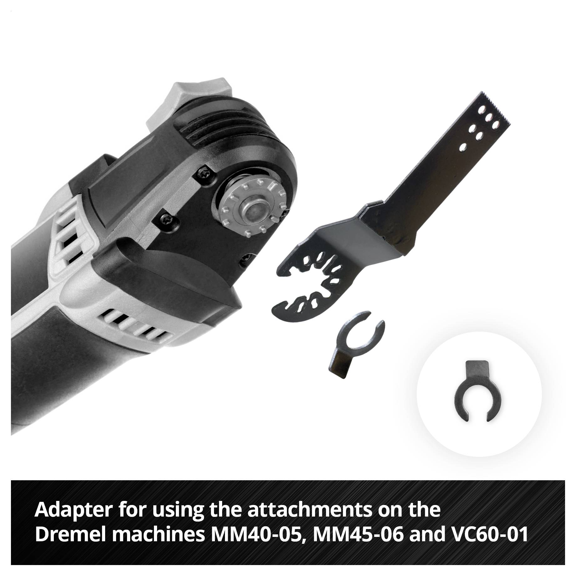 Adapter for the use of attachments on Dremel machines MM40-05, MM45-06 and VC60-01. Contains an adapter and attachments.