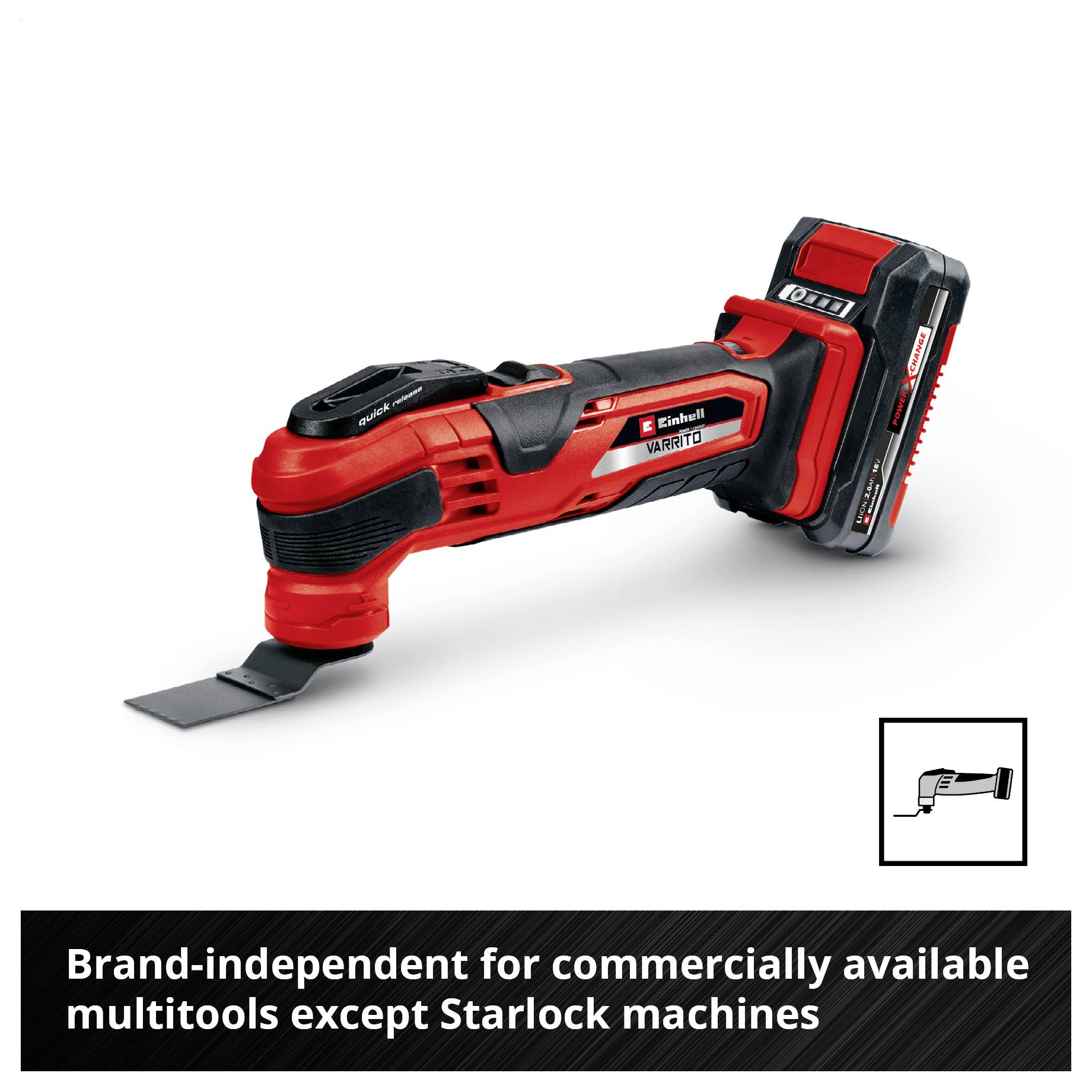 A red, cordless Einhell multifunction tool with interchangeable blade. Underneath, text: 'Brand-independent for commercially available multifunction tools except Starlock machines'.