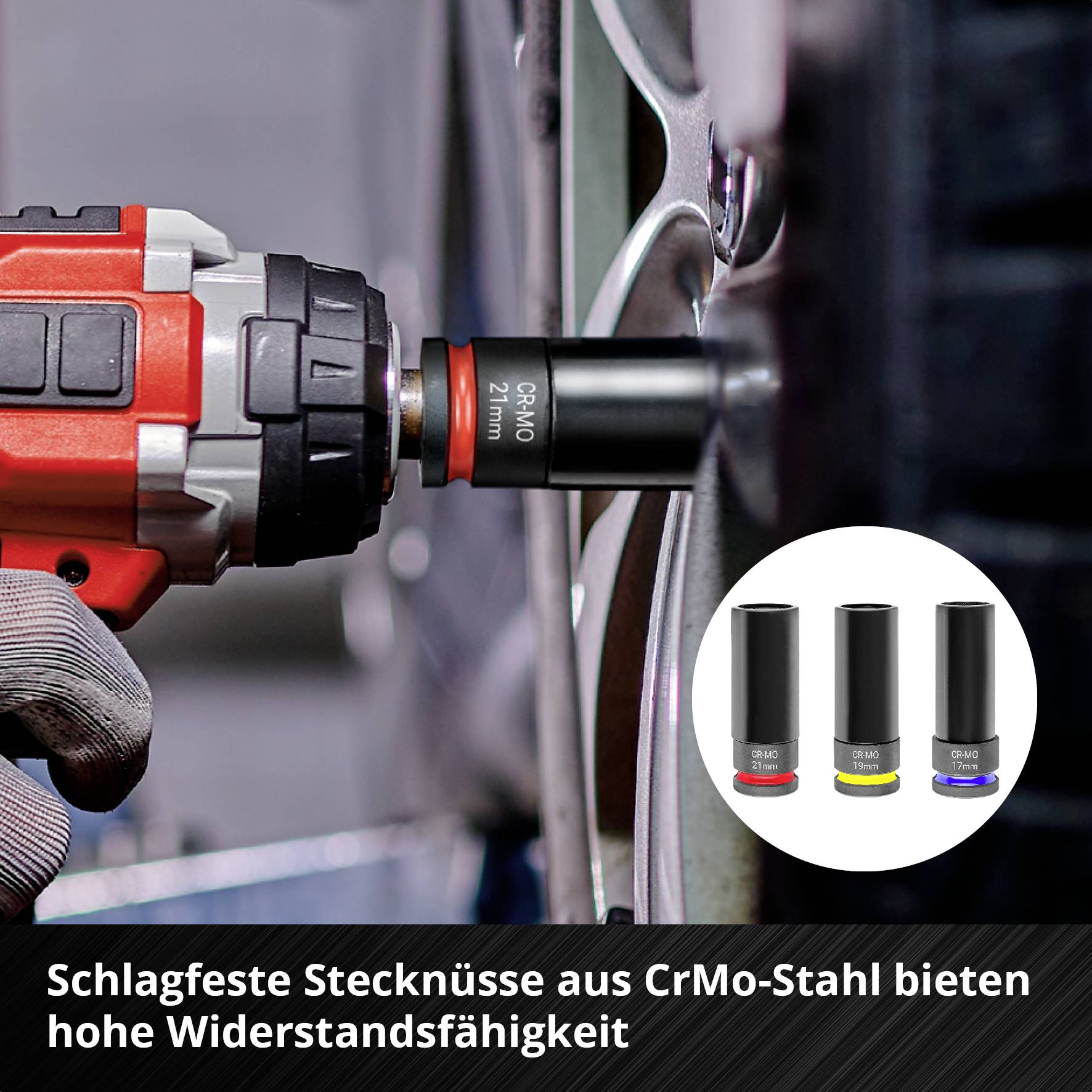 'Impact-resistant socket nuts made from chromium-molybdenum steel provide high resistance' shows a red electrical device in action.