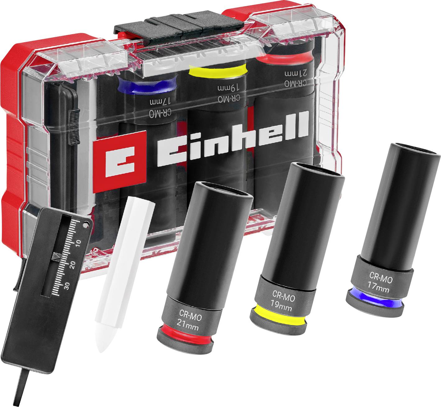 Einhell Socket Spanner Set: Four socket spanners and accessories in a transparent box. Sizes: 17mm, 19mm, 21mm.