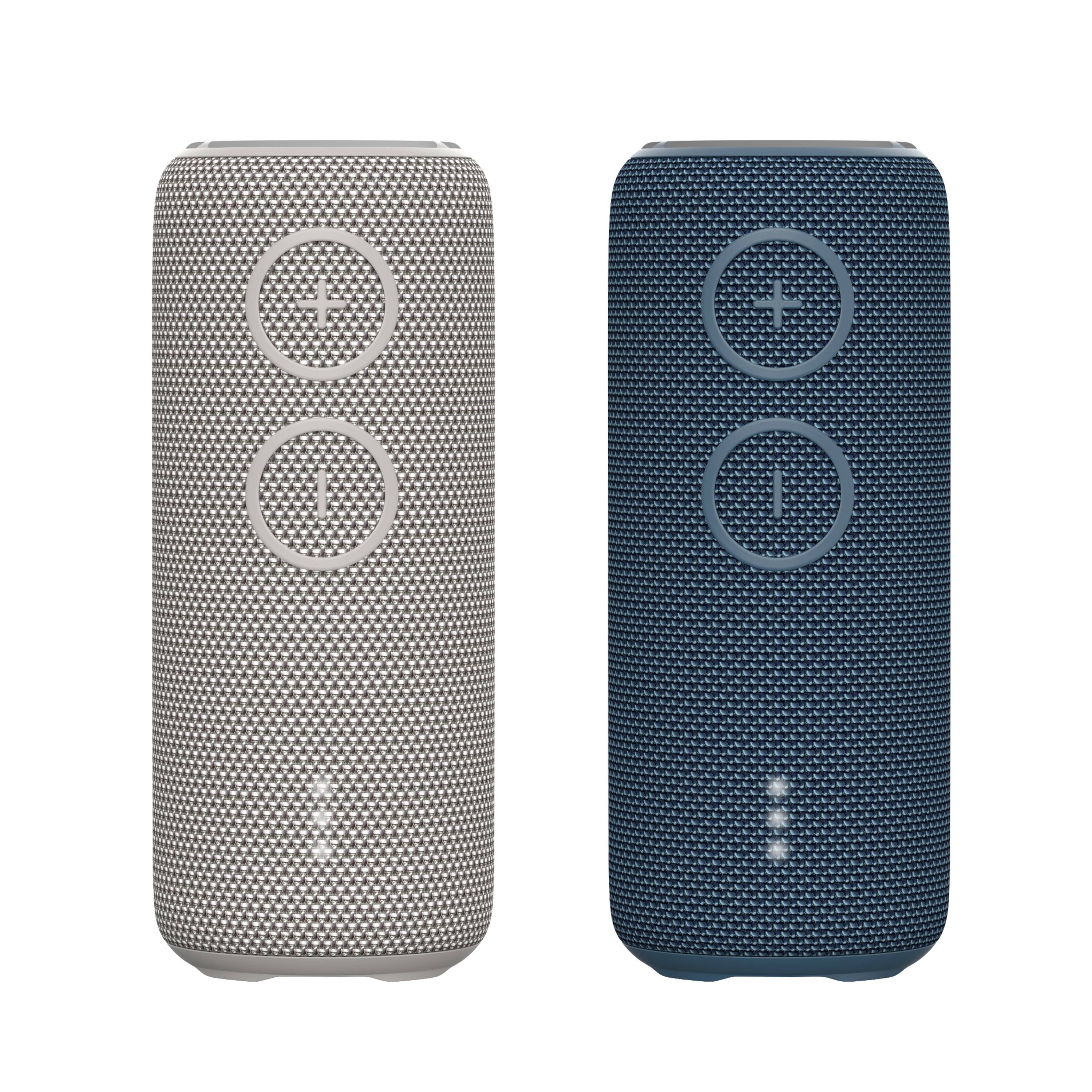 Two portable speakers, one grey on the left and blue on the right, both featuring plus and minus symbols for volume control and an LED indicator.